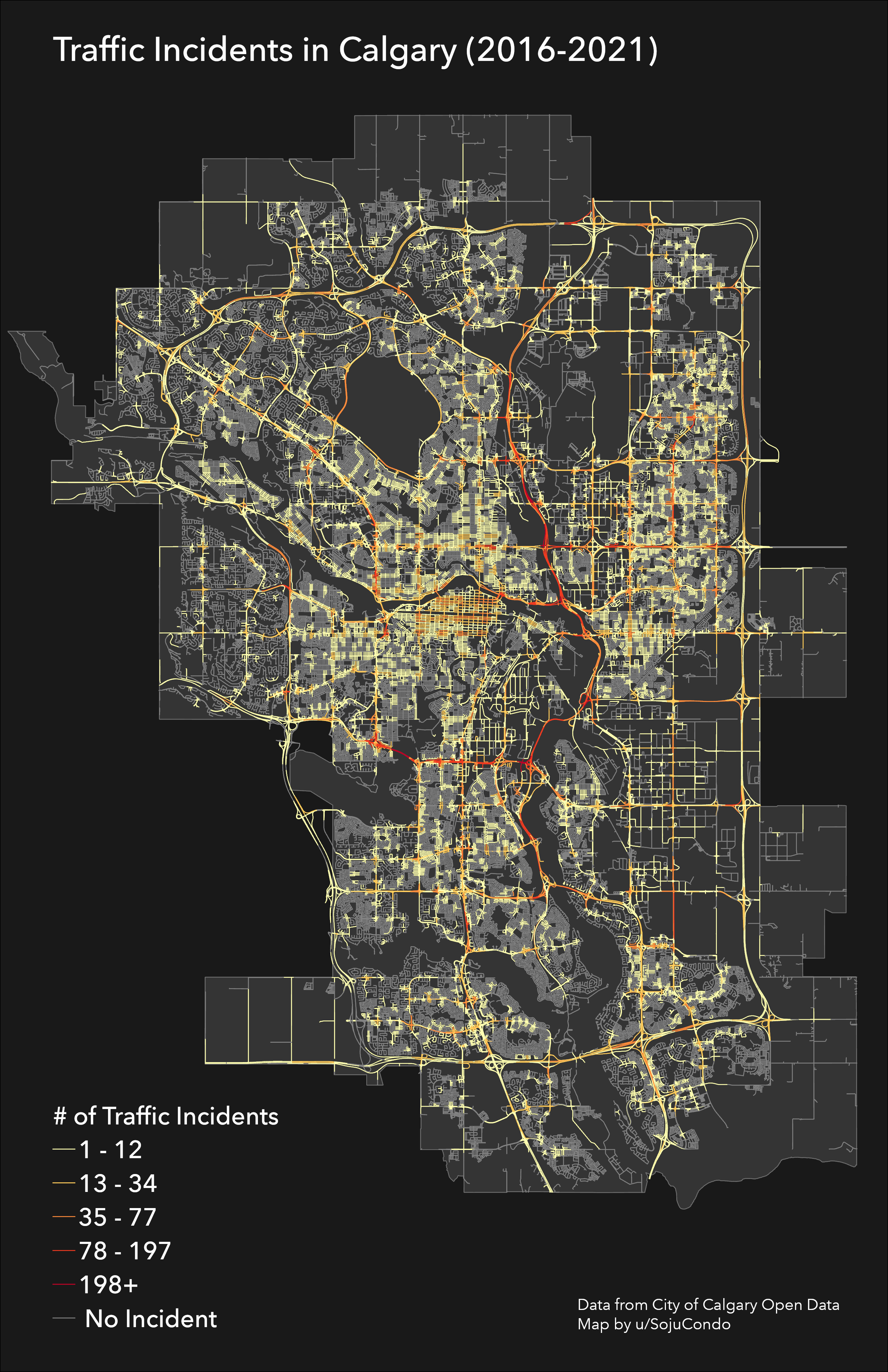 [OC] Remade map of every traffic incident in Calgary Calgary
