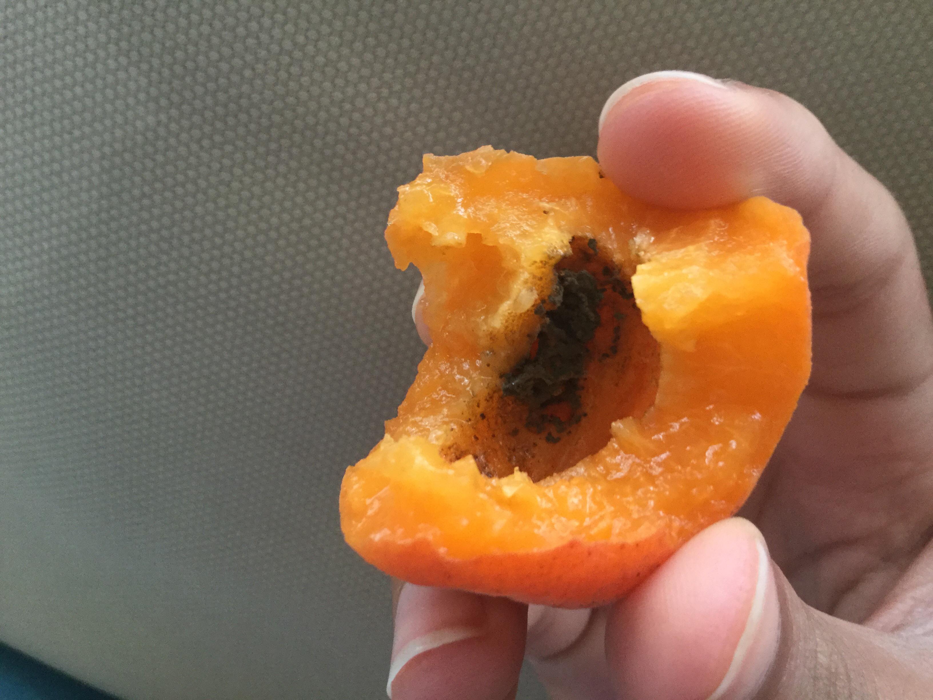 Greybrown powdery deposit found inside apricot found through eating