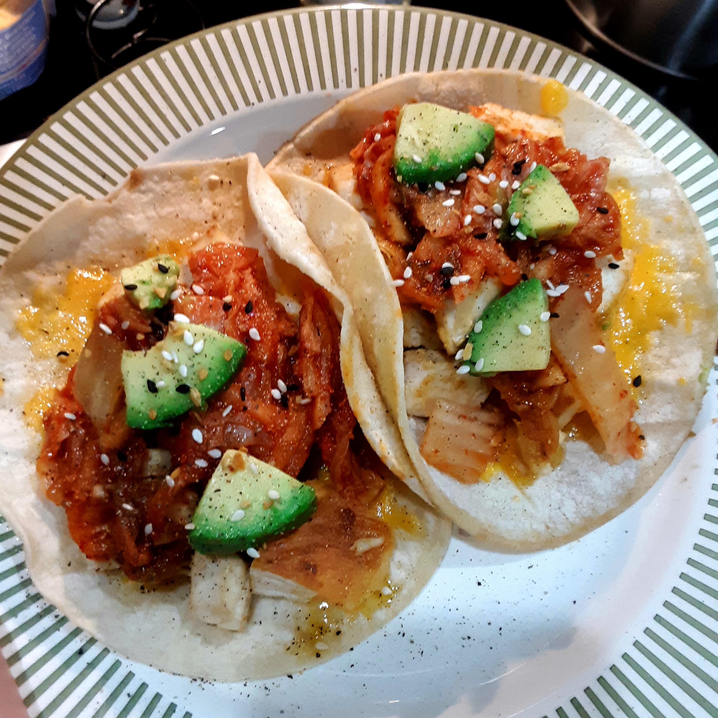 467kcal (for both) Korean chicken tacos! Got the recipe and kimchi from