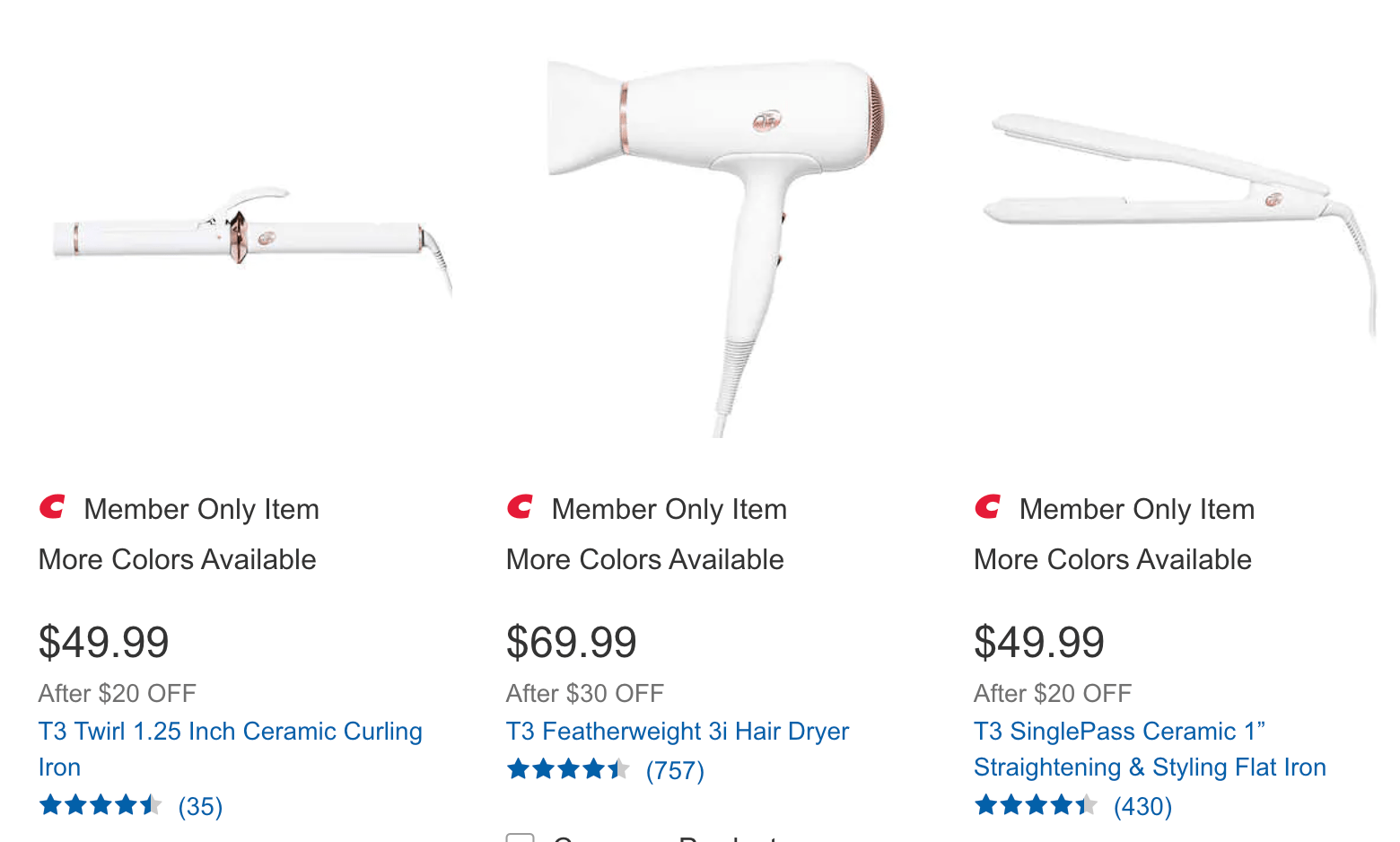 T3 curling iron (49.99), hair dryer (69.99), and flat iron (49.99