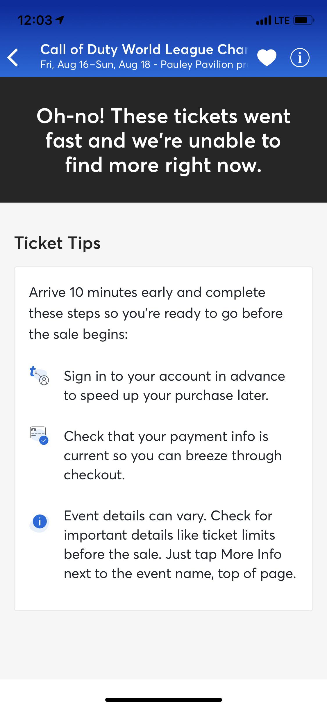 Is Cod champs in LA sold out,I get this msg when I try to purchase