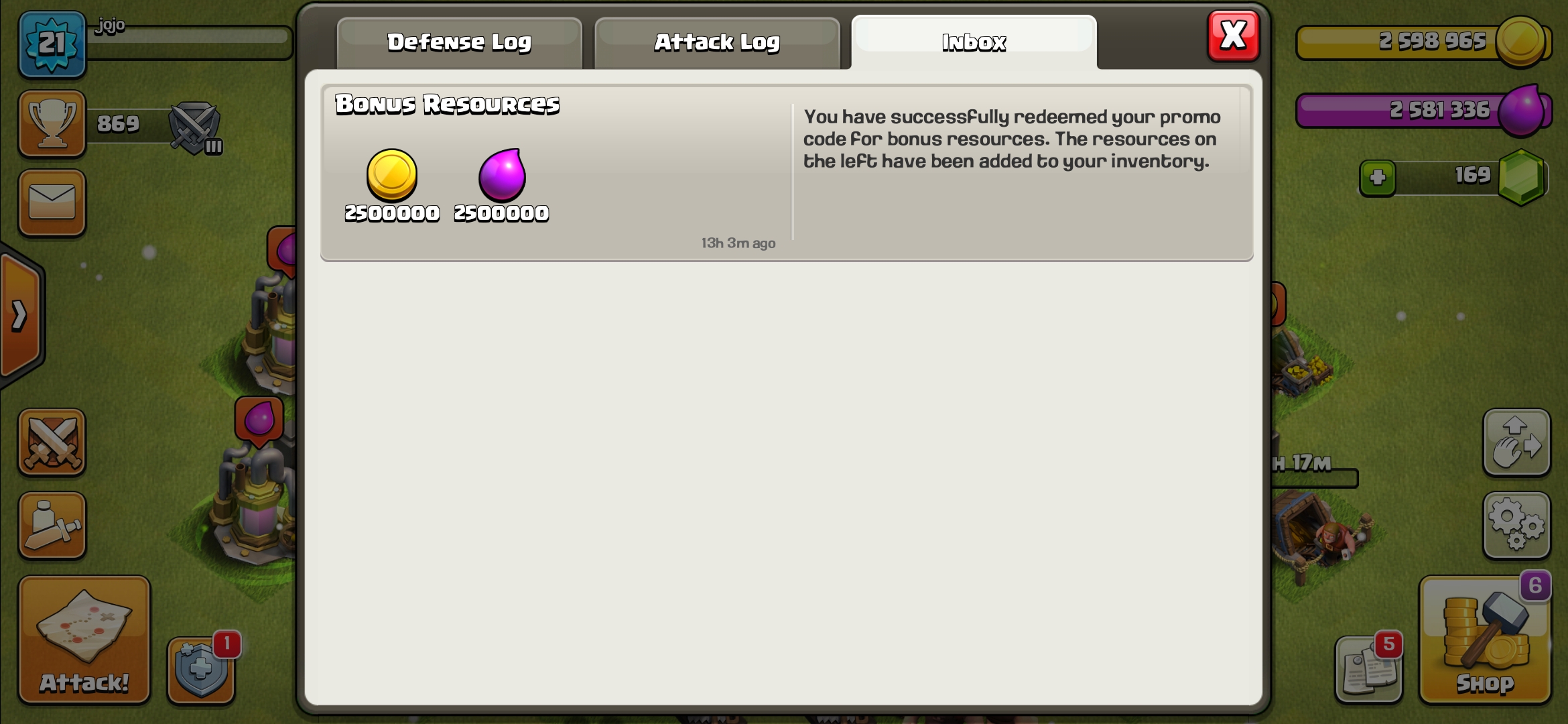 I don't remember redeeming any kind of clash of clans promo code? r