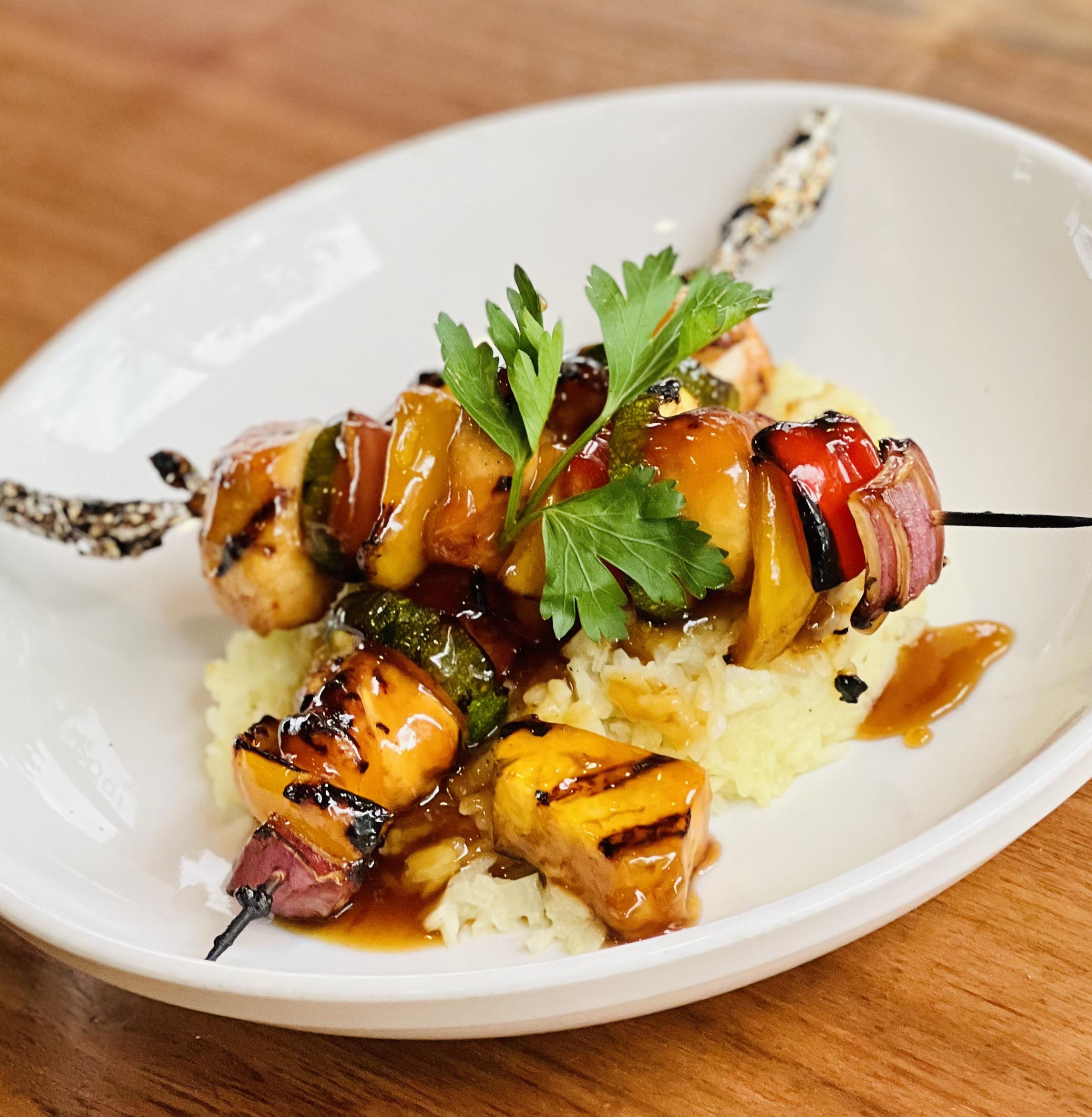 Kabobs Grilled Chicken, Pineapple, Squash, Zucchini, Bell Pepper, Red