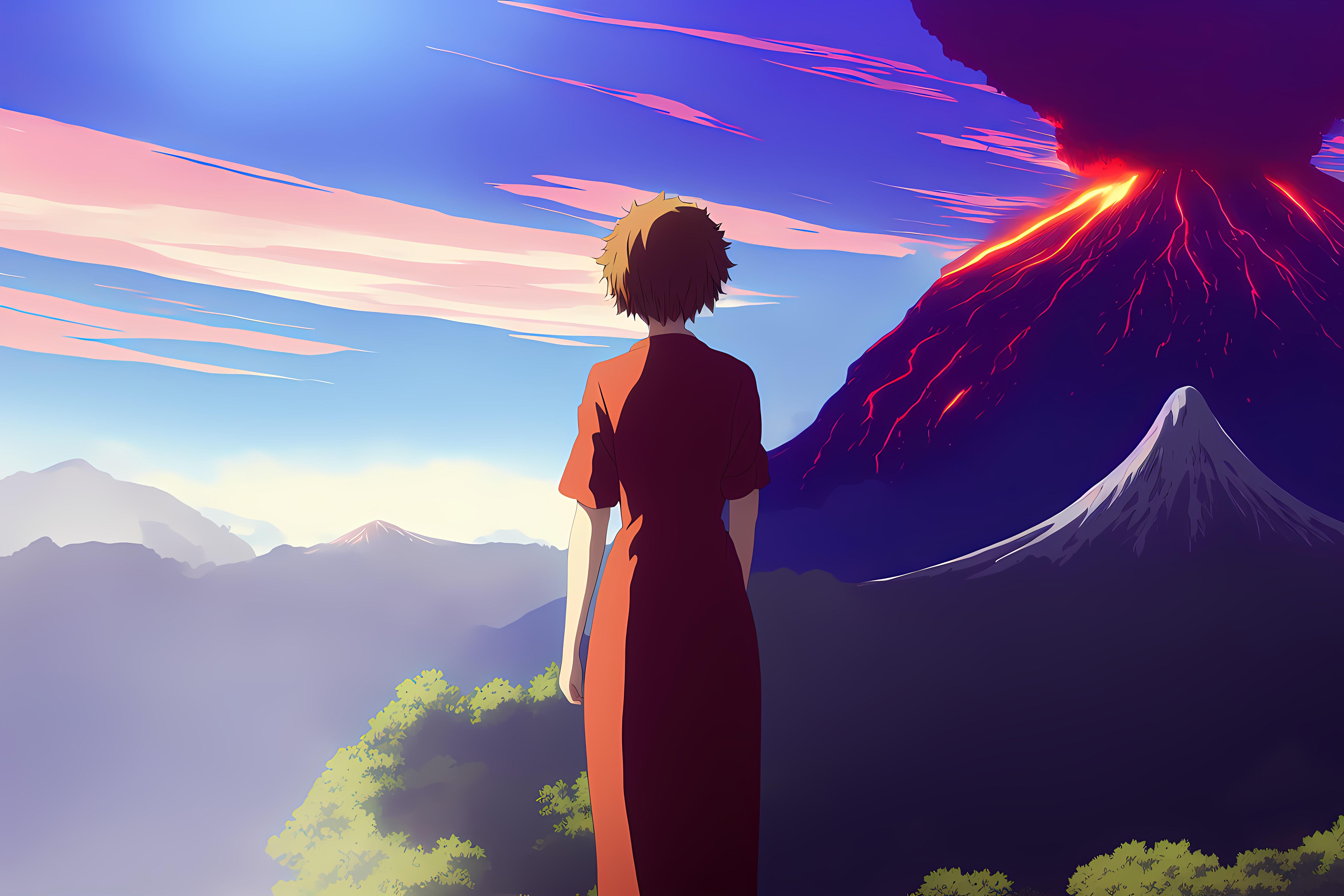 Anime girl watching a volcano eruption (6144x4096) r/StableDiffusion