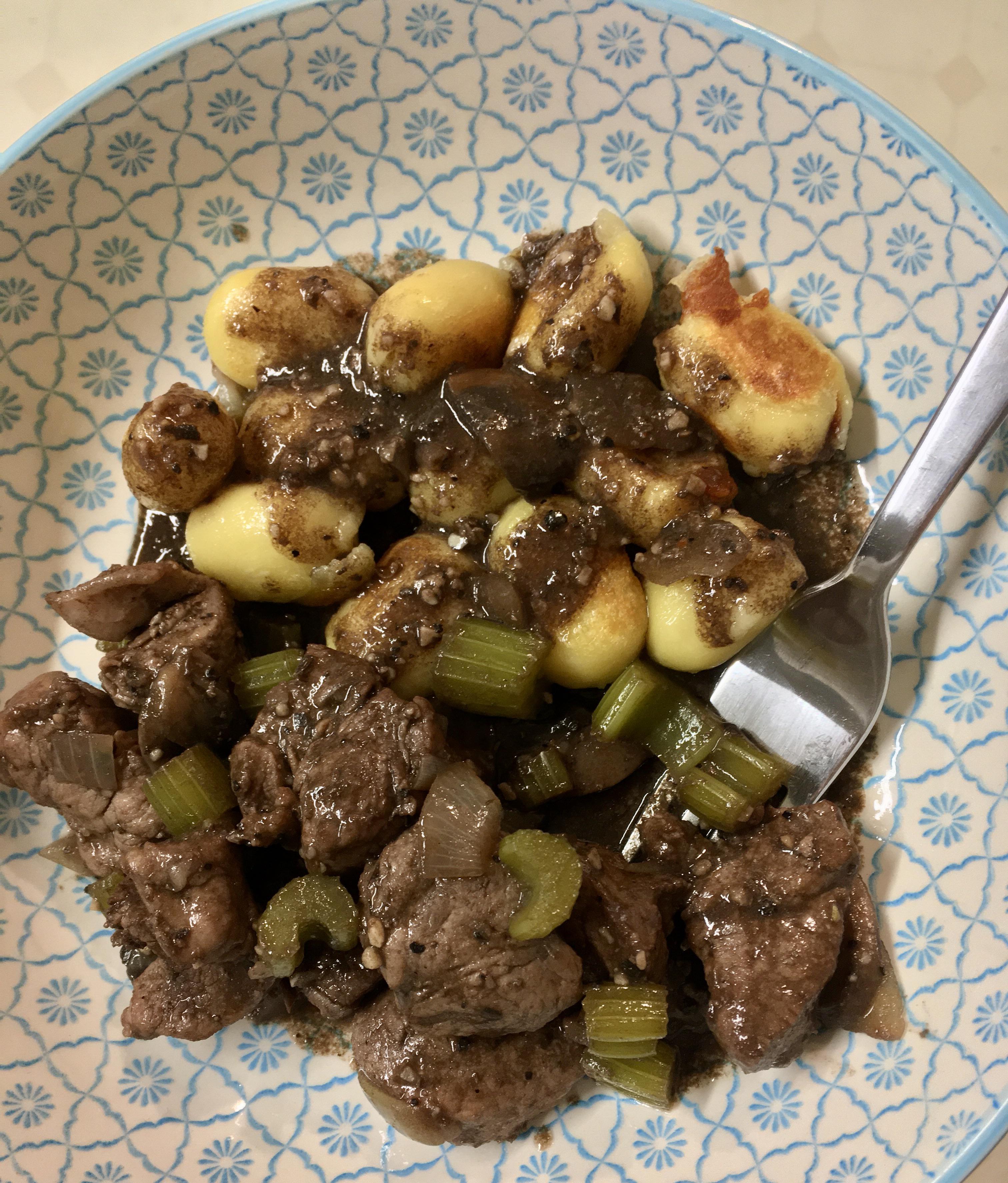 Beef tenderloin sautéed with celery, garlic, and onion in a red wine
