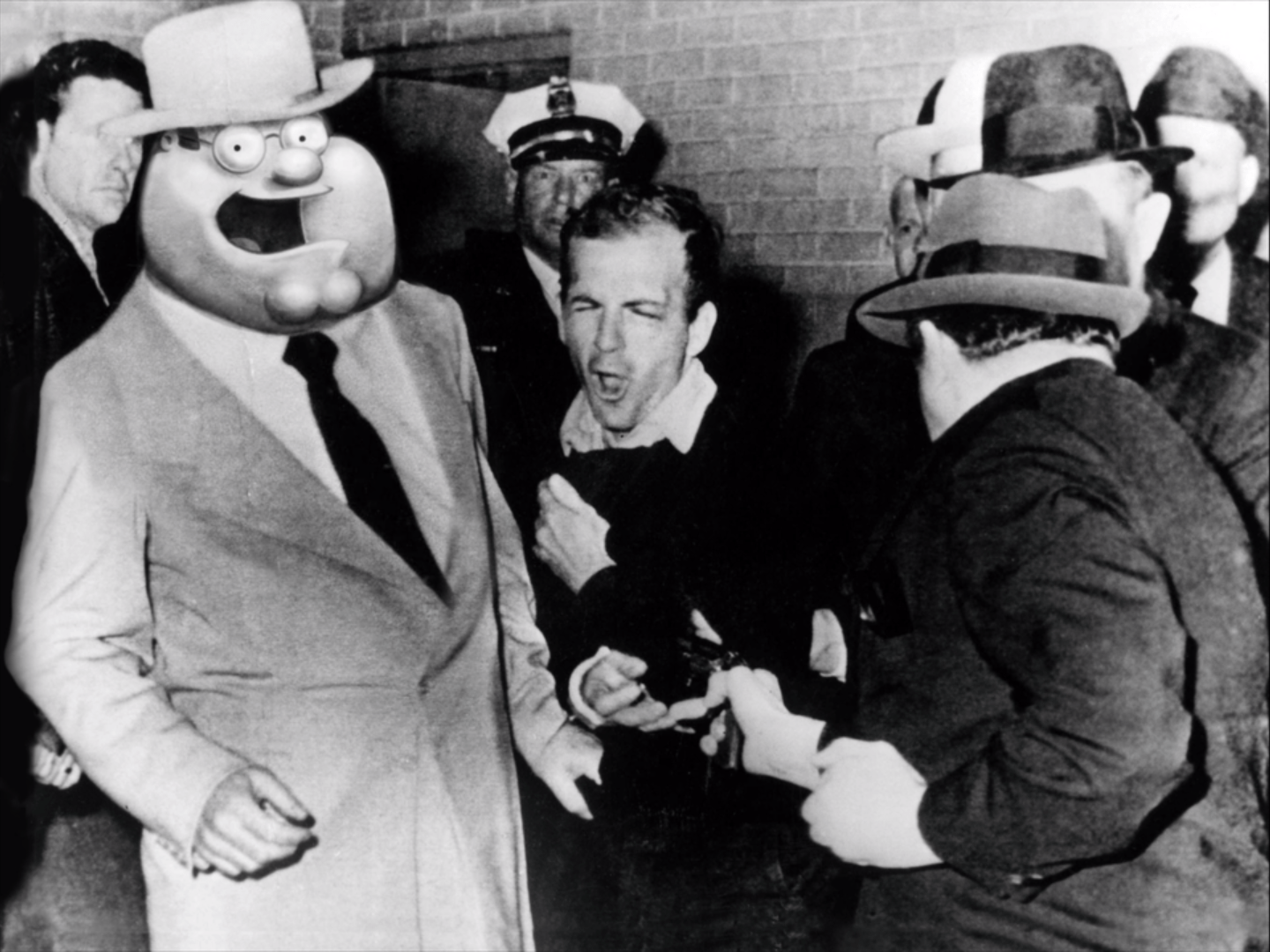 Jack Ruby shooting Lee Harvey Oswald who is being escorted by Dallas
