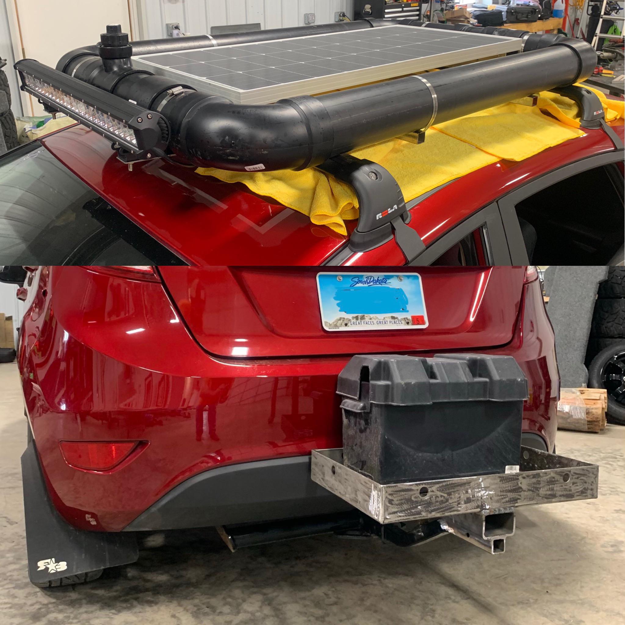 More progress on the Fiesta solar shower/panel roof rack + hitch