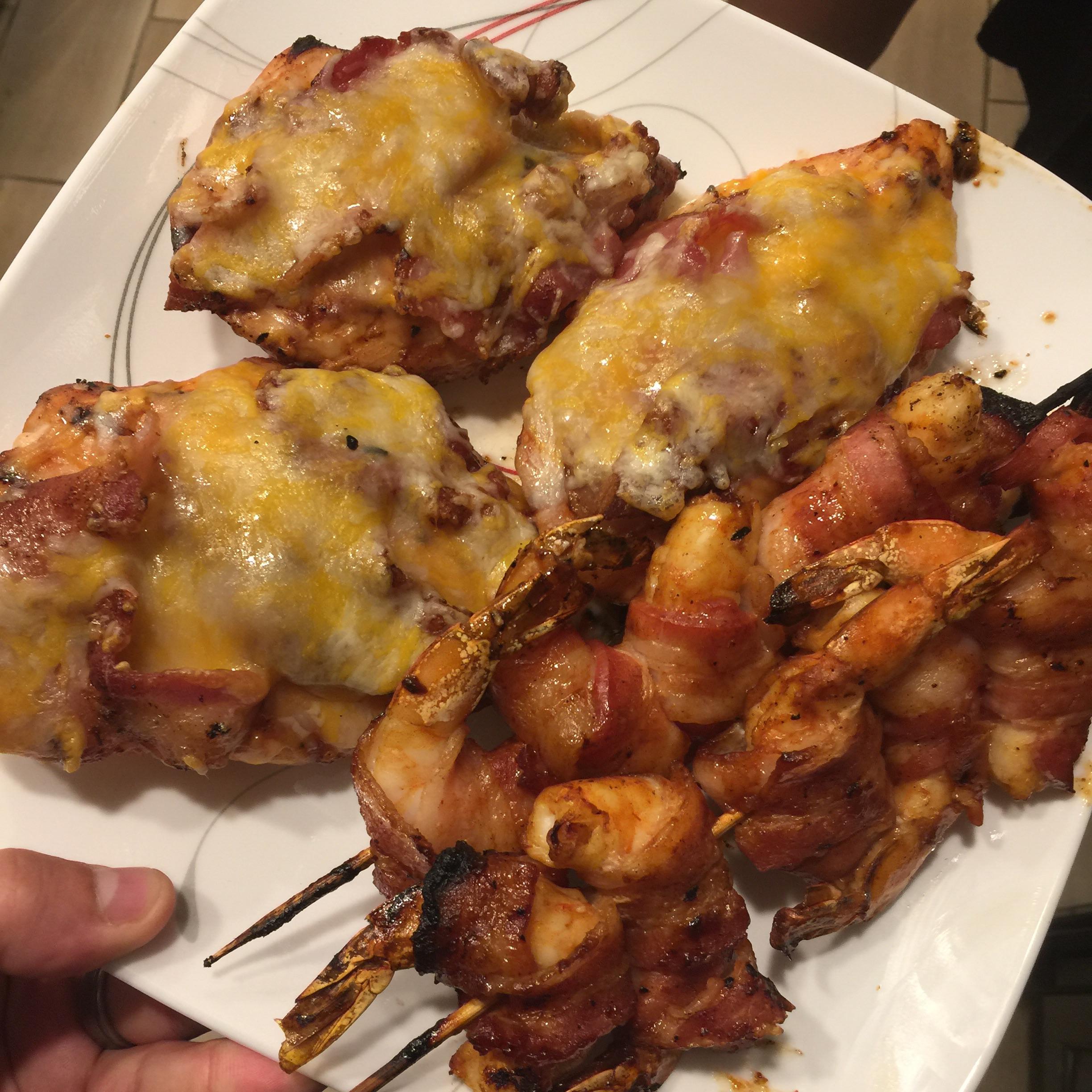 [Homemade] Monterey chicken and bacon wrapped BBQ shrimp r/food