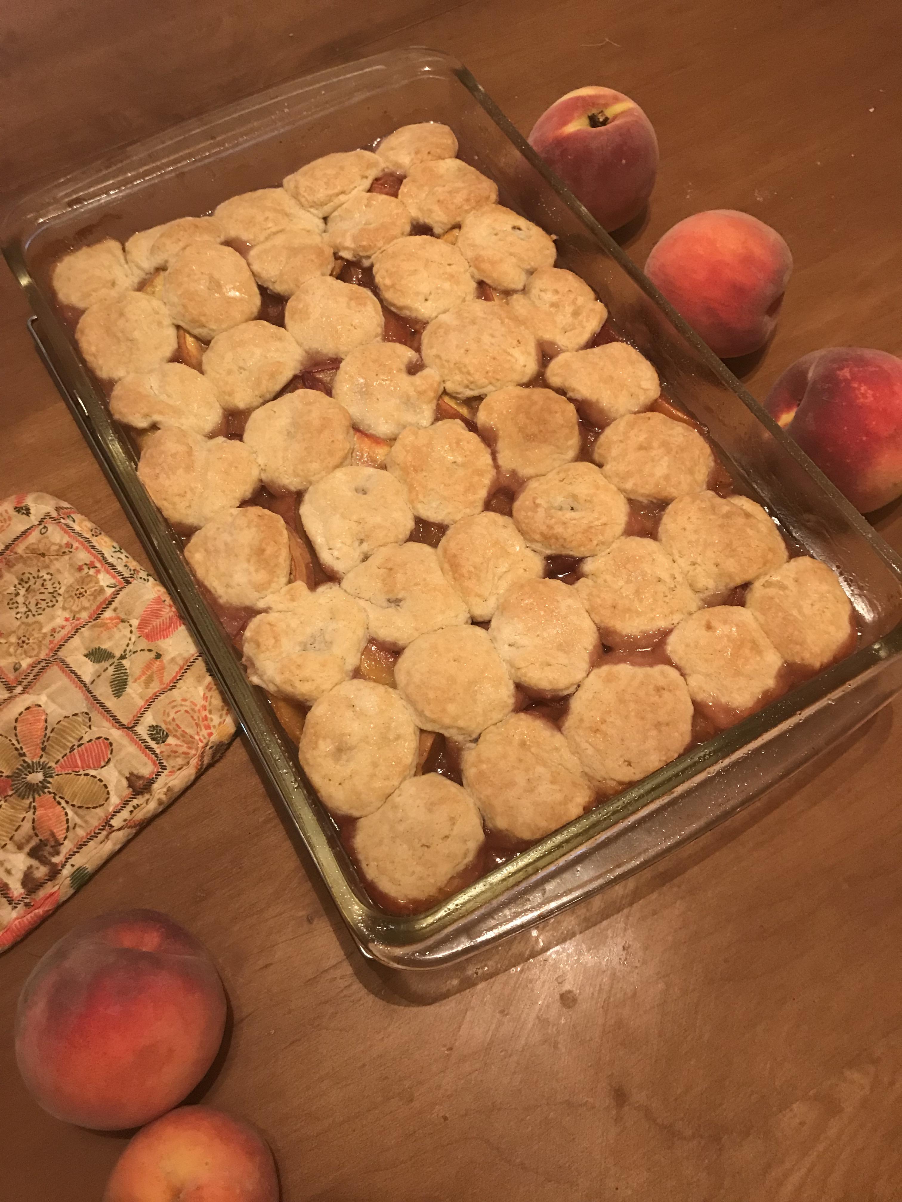 Made a peach cobbler inspired by Claire’s cherry cobbler from Bon