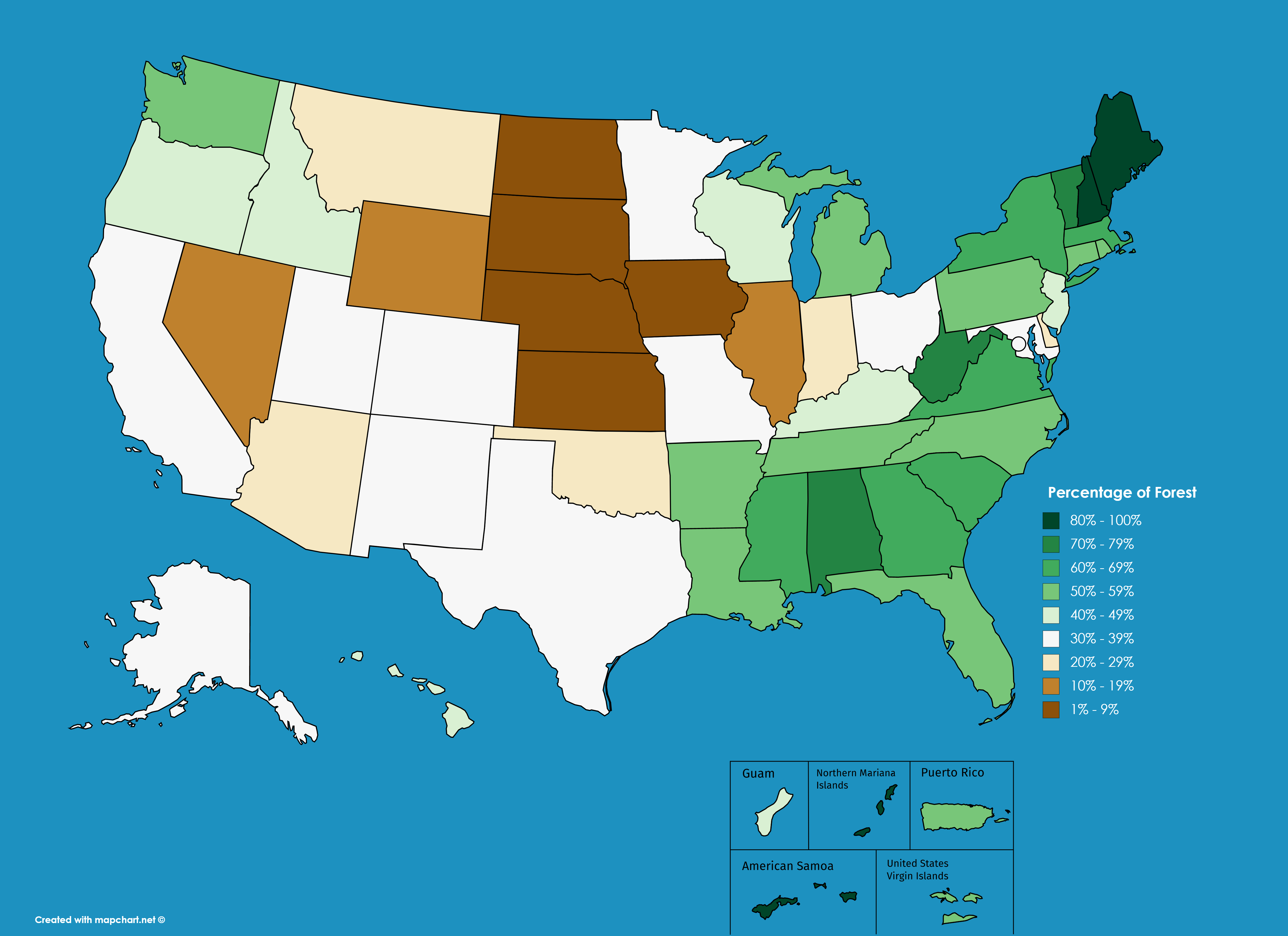 Percentage of forest in each US state. r/MapPorn
