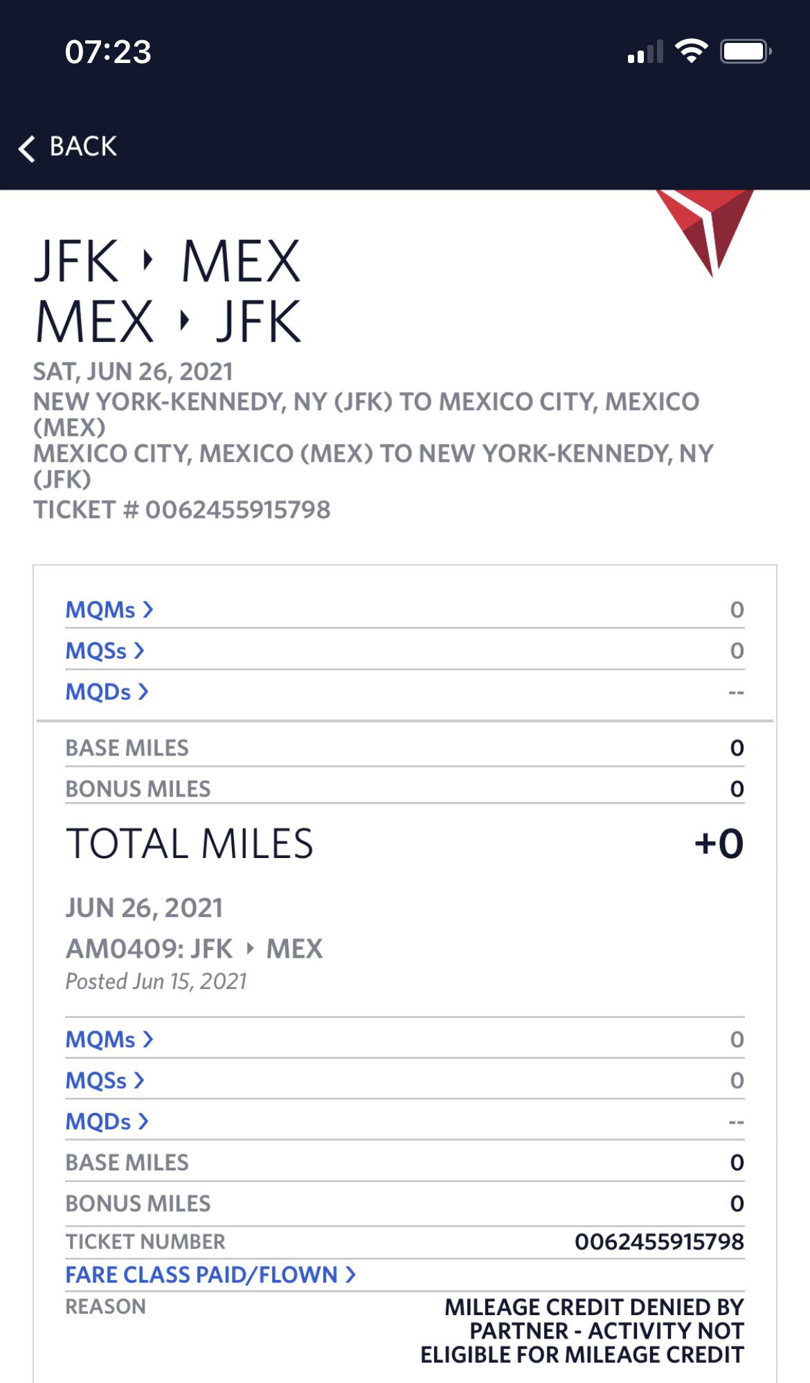 Mileage credit denied?? AM operated, Delta marketed flight, got this