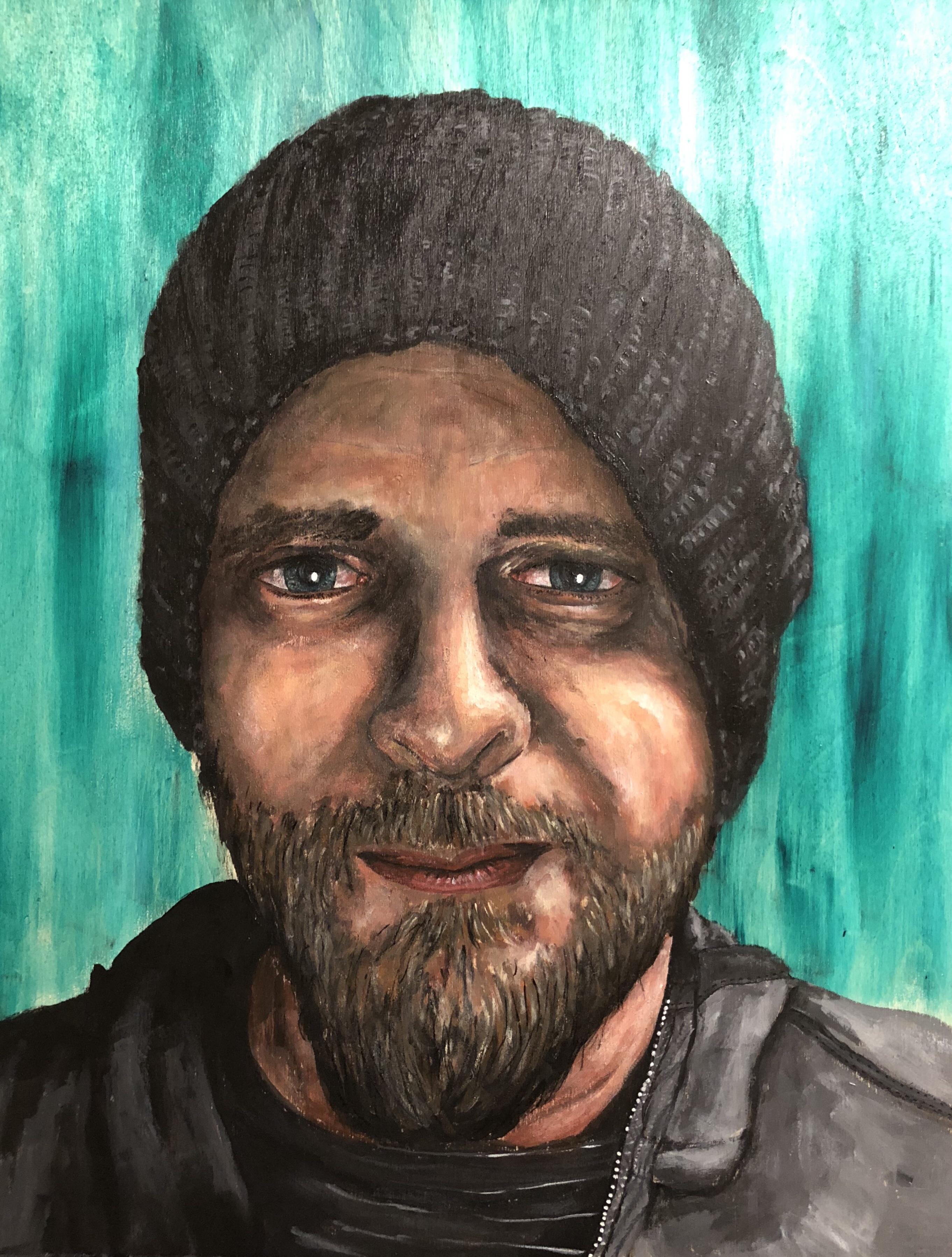 Self portrait, acrylic on wood, 16x20 r/Art