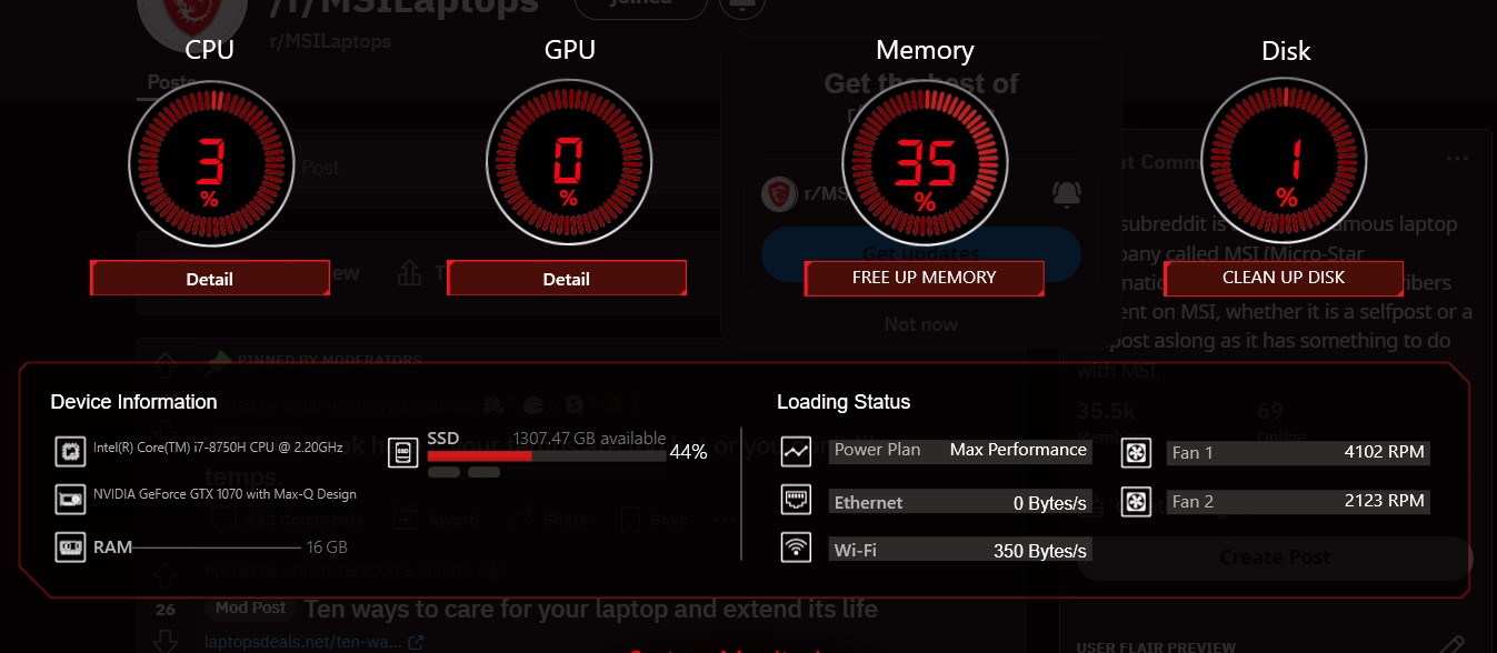 Any reason why cooler boost is resulting in low fan RPM? Laptop MSI