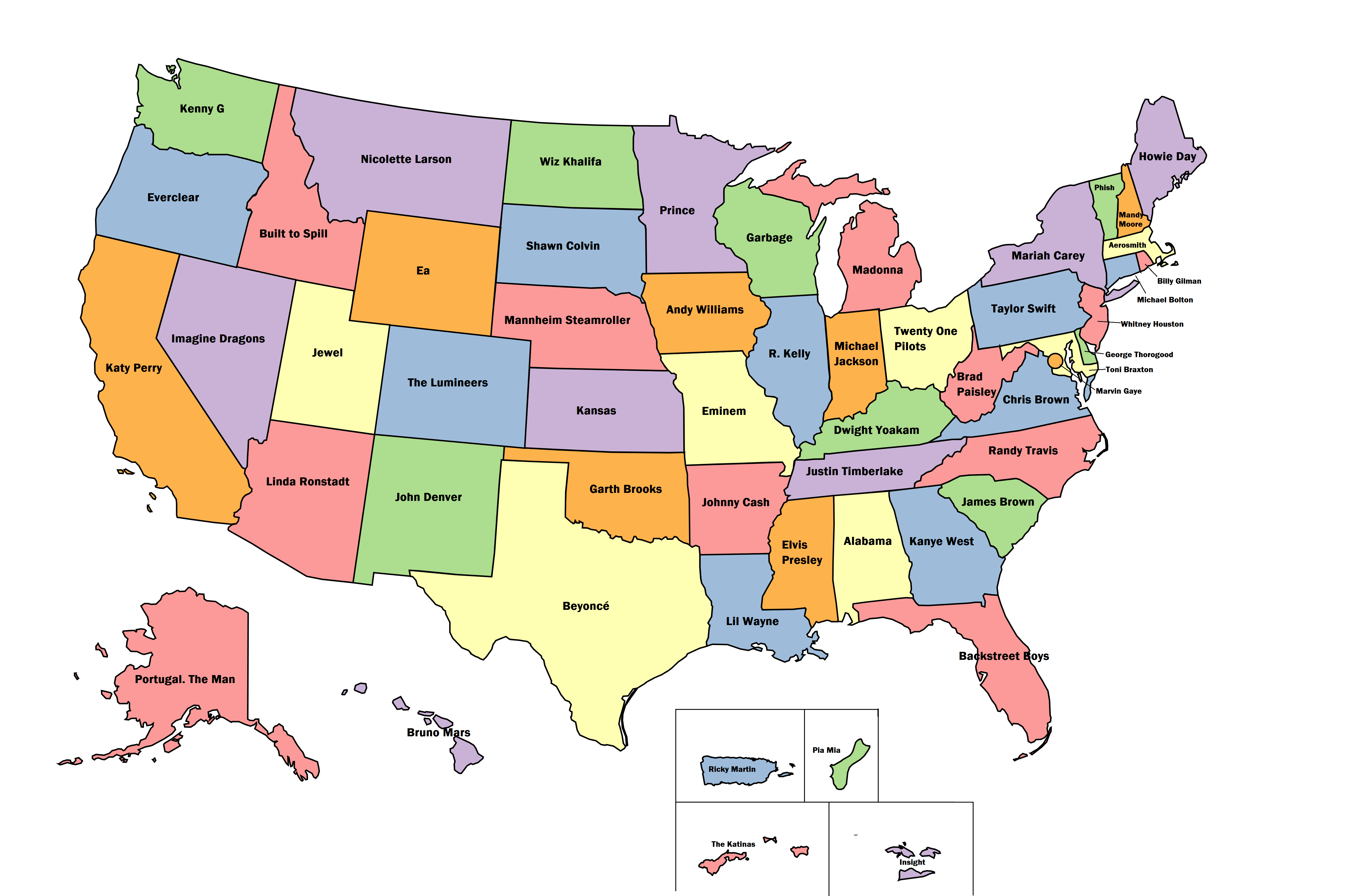 Bestselling music artists by US state/territory of origin [5800x3585