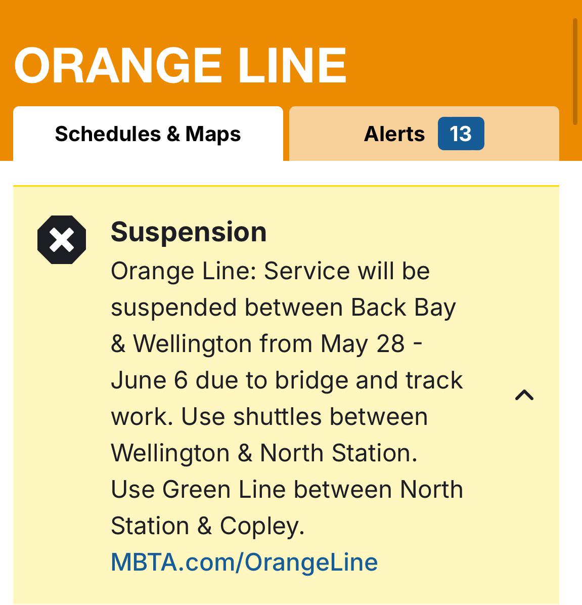SERVICE SUSPENSION No Orange Line between Wellington and Back Bay
