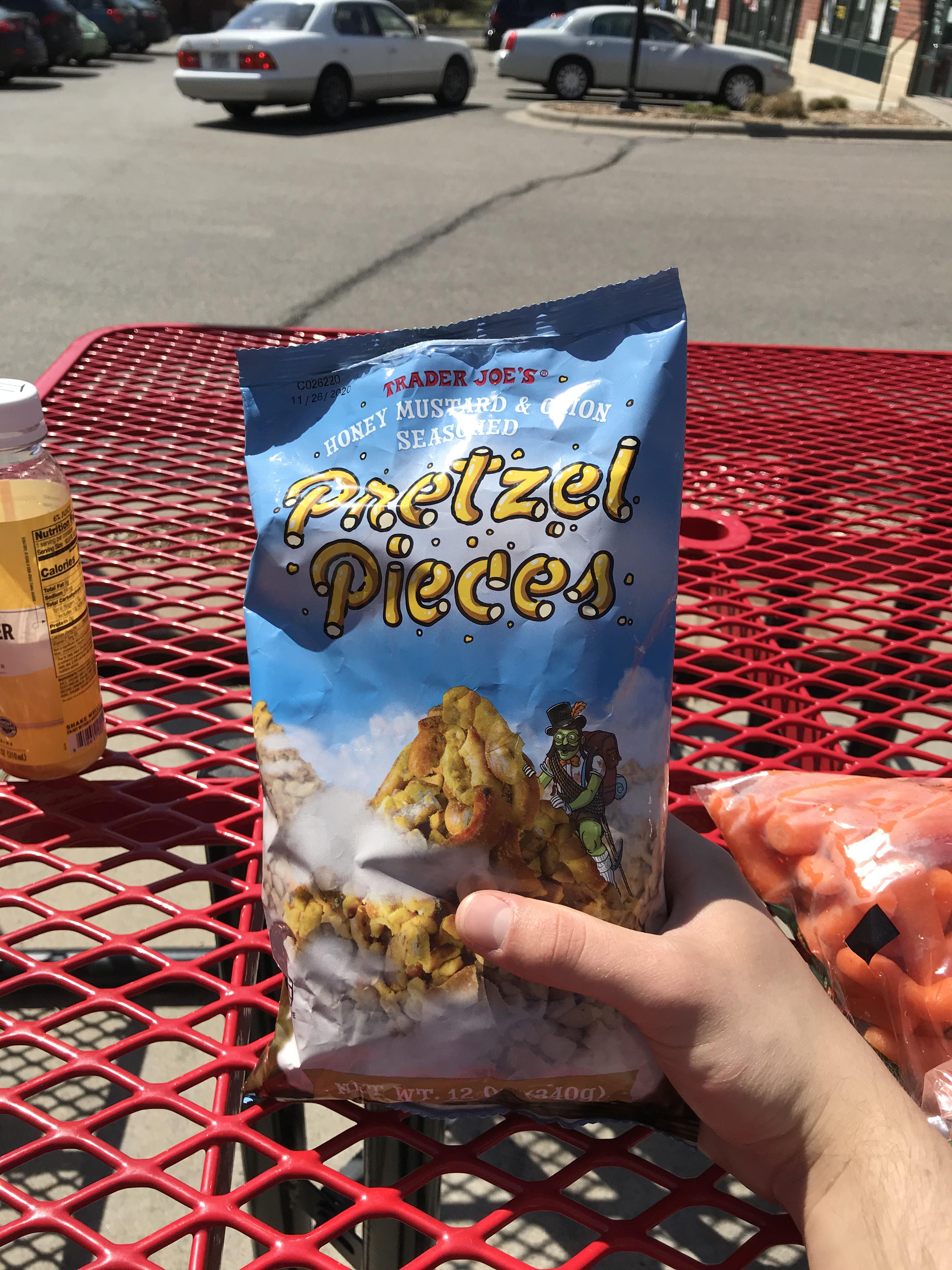 Enjoying the new Honey Mustard/ onion pretzels during my lunch break at