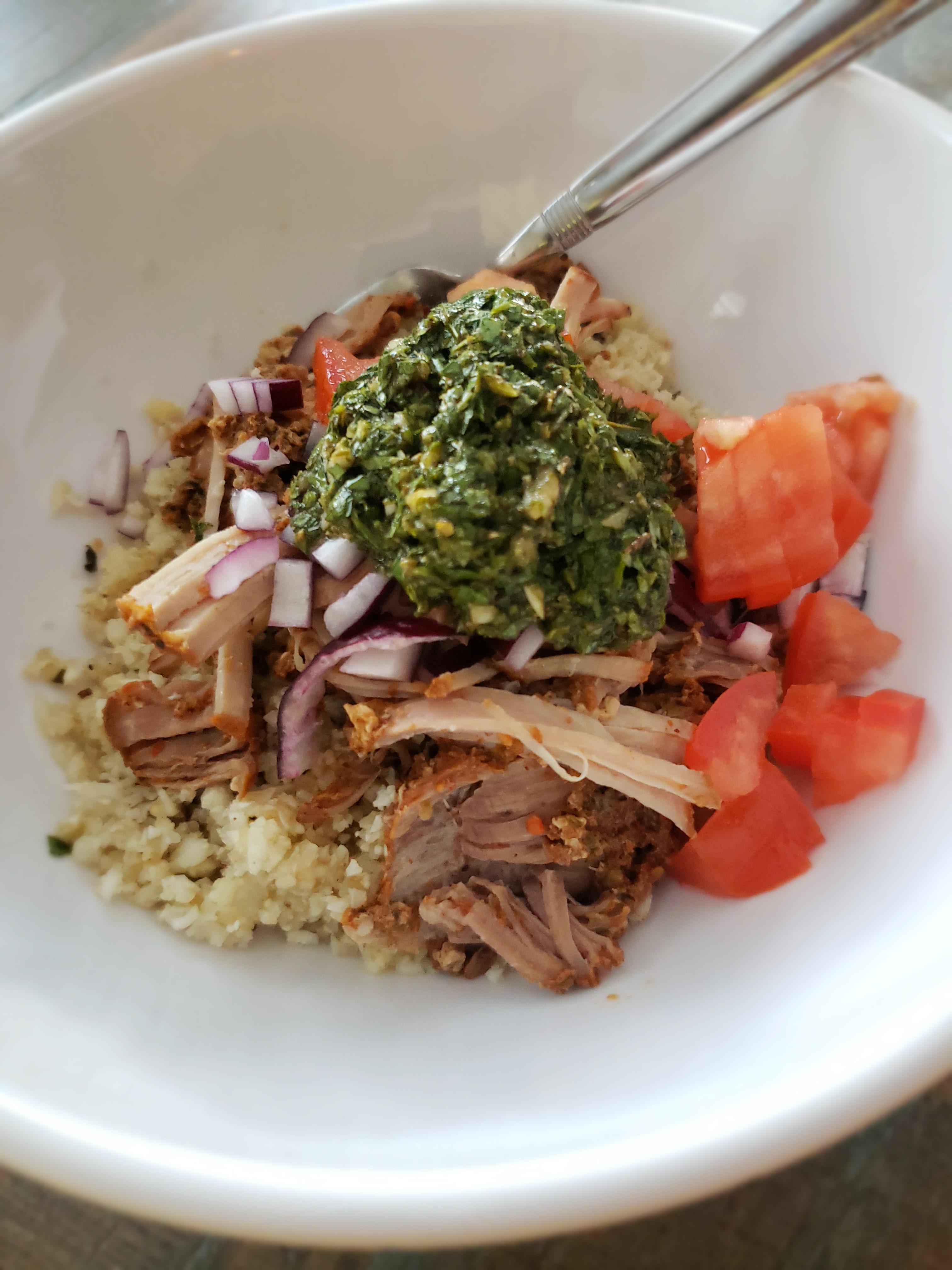 Pork Carnitas Bowl w/ Fresh Chimichurri & Cauliflower Rice r/ketorecipes