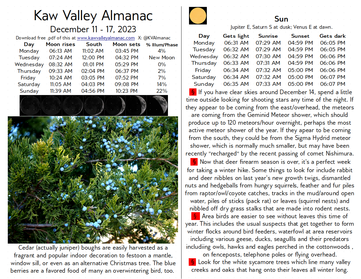 December 11 17, 2023 Kaw Valley Almanac Good meteor shower week r/kansas