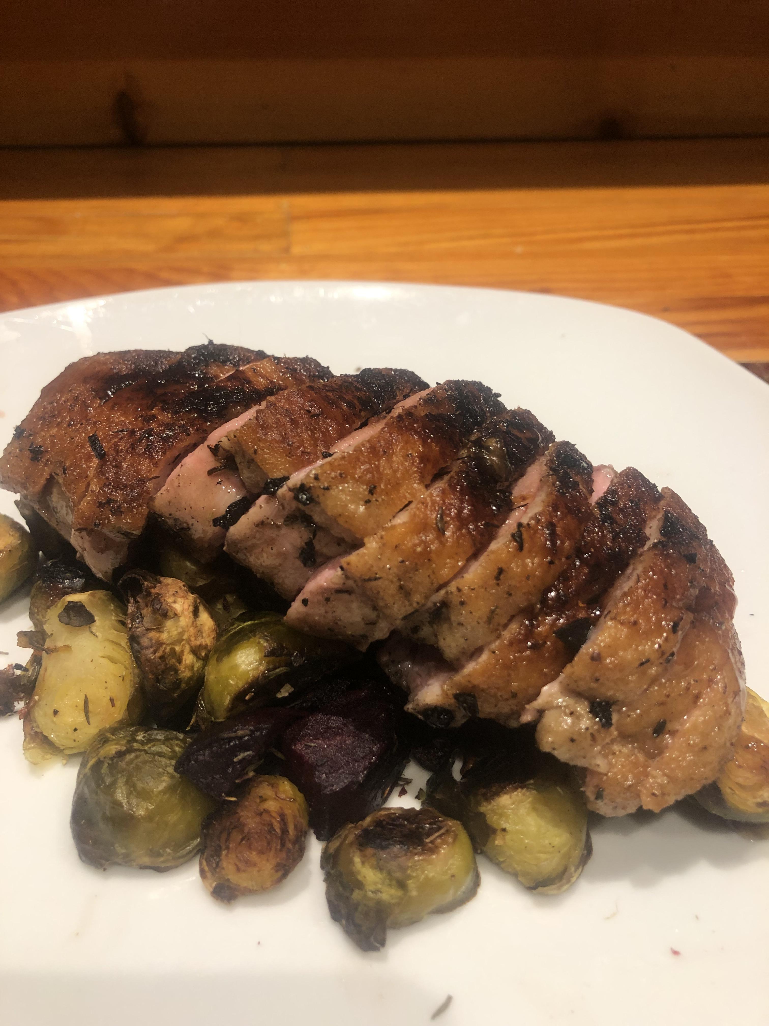 Sous Vide Duck w/ Roasted Beets and Brussels Sprouts r/tonightsdinner