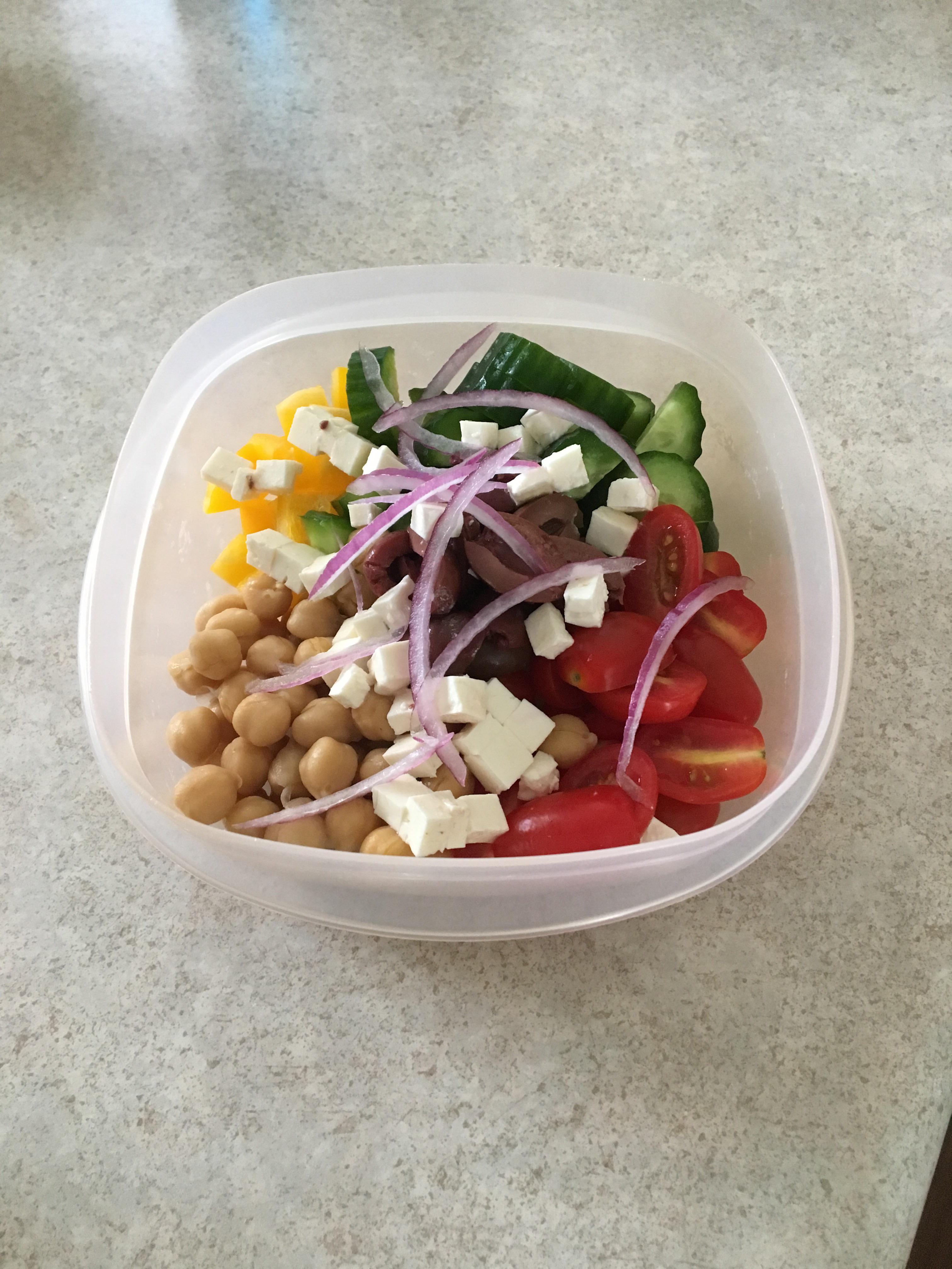Today’s lunch chickpeas, cucumber, tomatoes, bell pepper, olives, feta