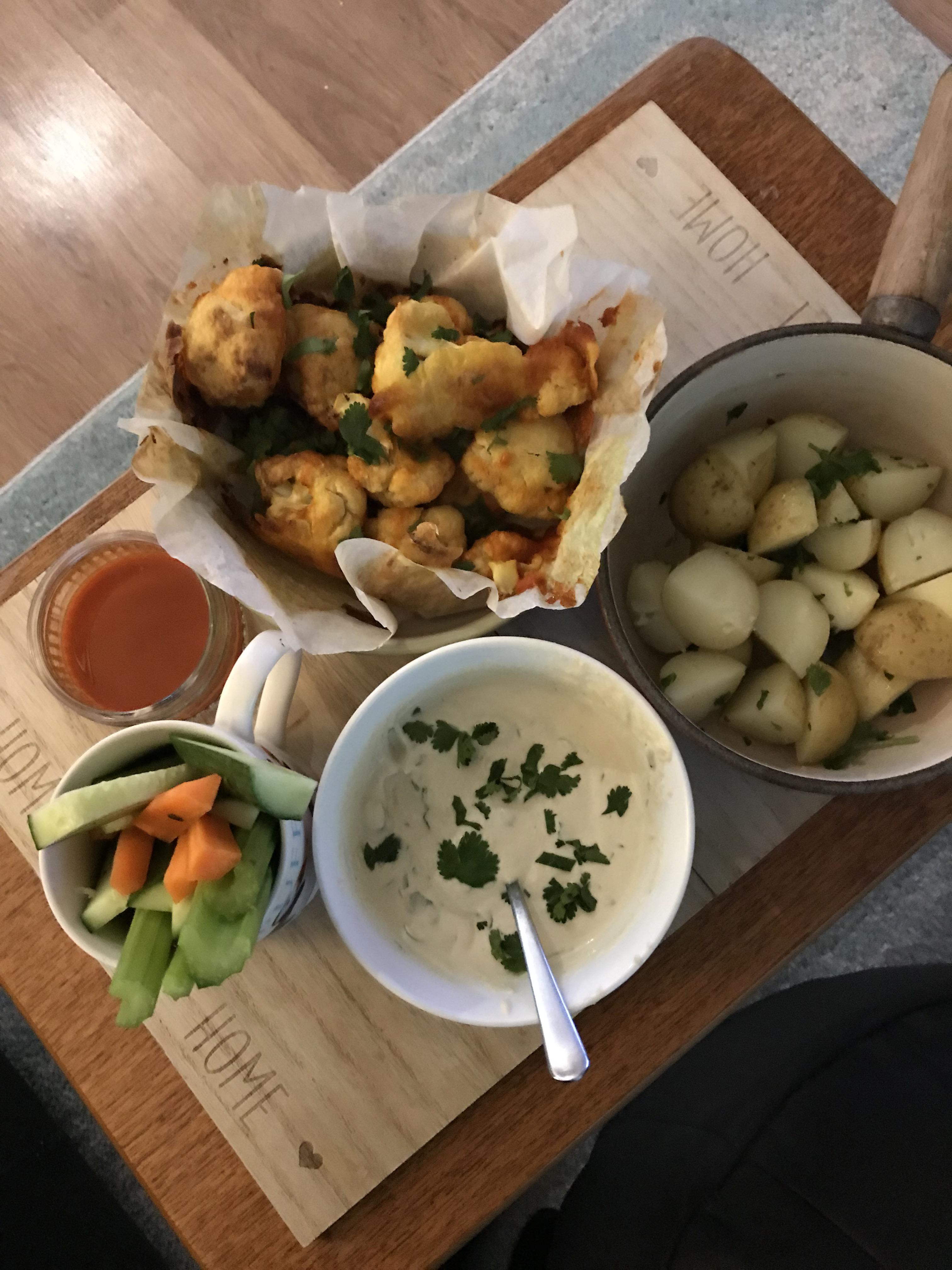 Friday Night Snacks Buffalo “wings”, Cashew Dip & Veggies r/vegetarian