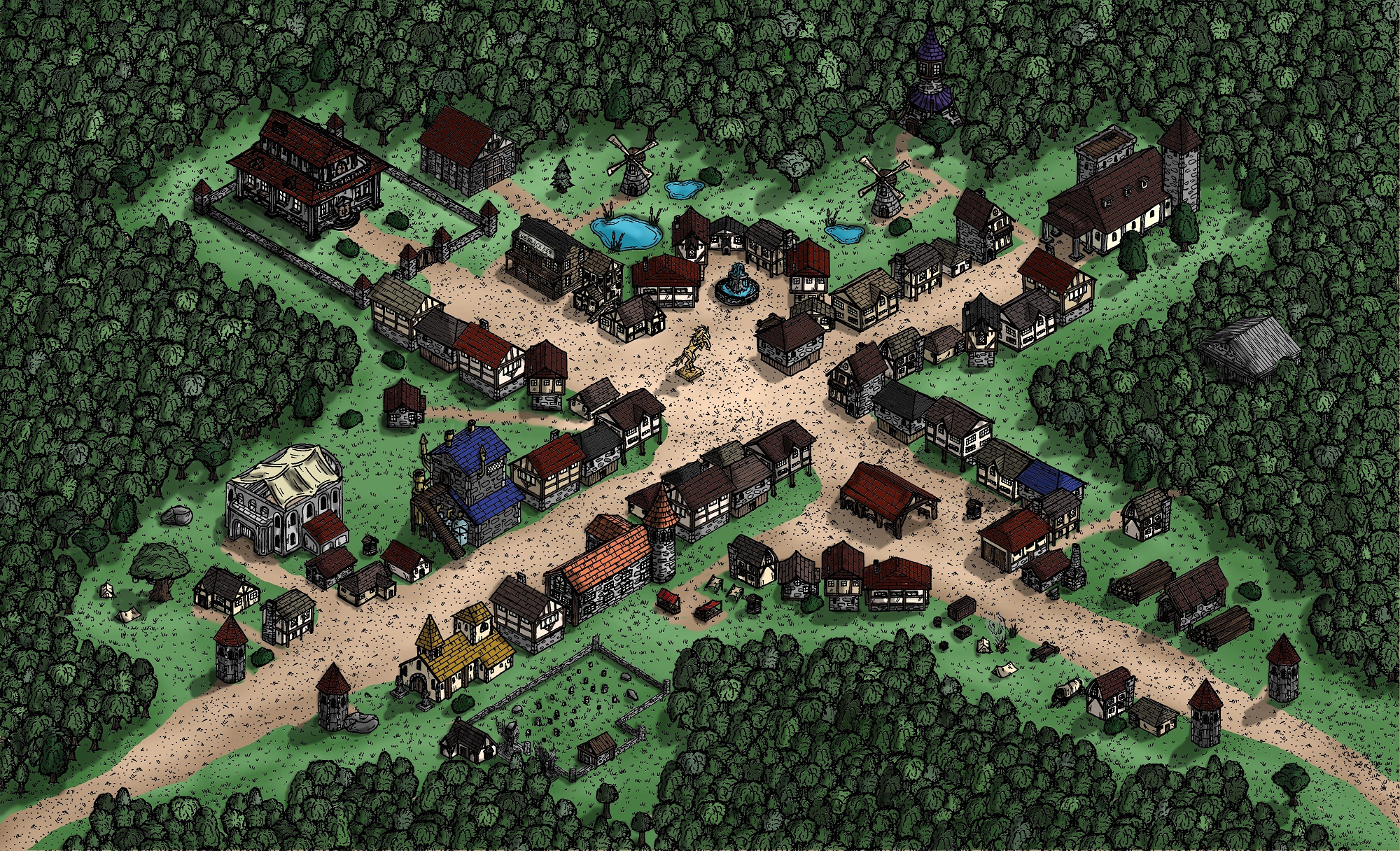[OC] The forest town of Oakshire Isometric Map r/DnD