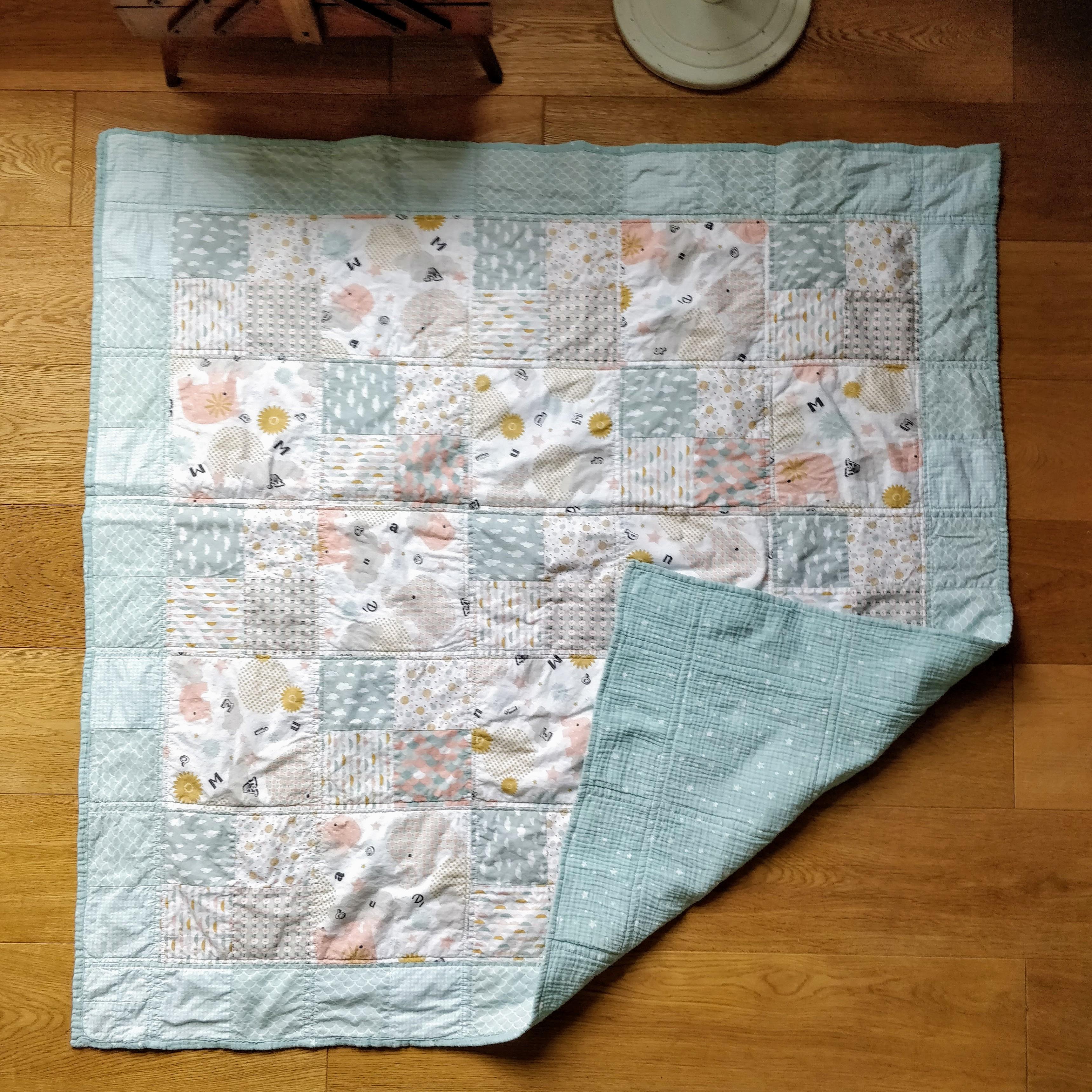 I finished my first quilt! Freshly washed and crinkly. Thanks to this