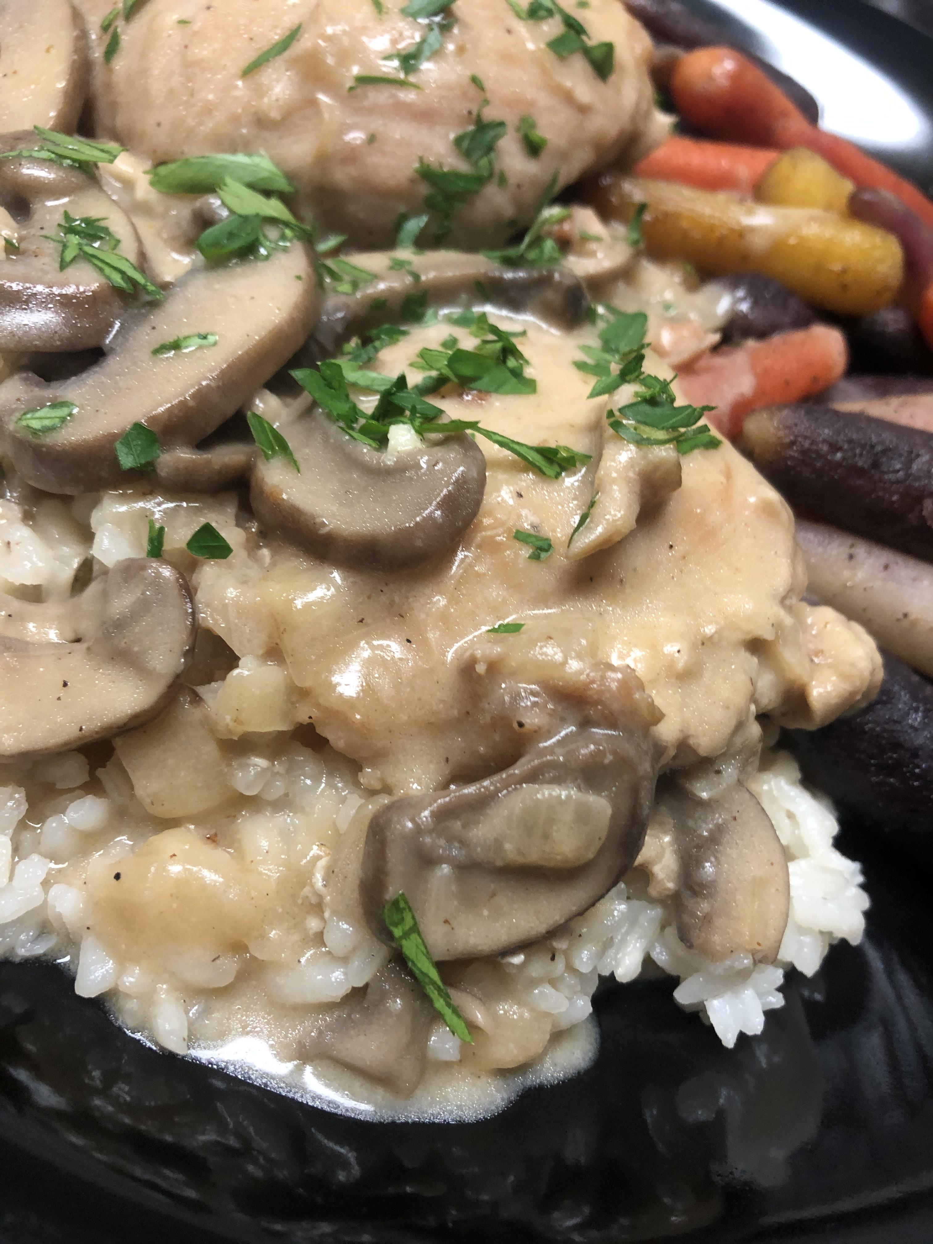 Creamy chicken and mushrooms over rice with honey and rosemary roasted
