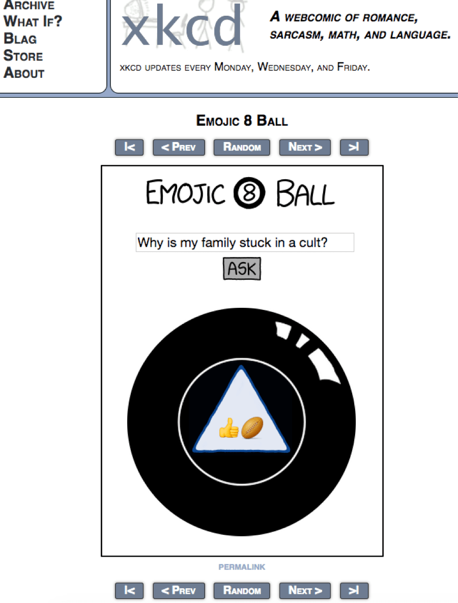 xkcd's Emoji 8 Ball on why families stick around in Mormonism r/exmormon