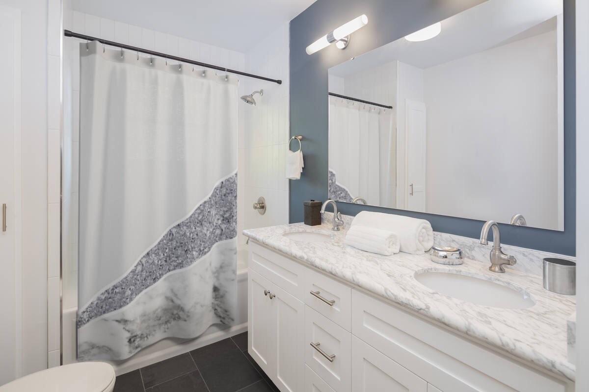 Bathroom Goal. This marble texture shower curtain perfectly blend in
