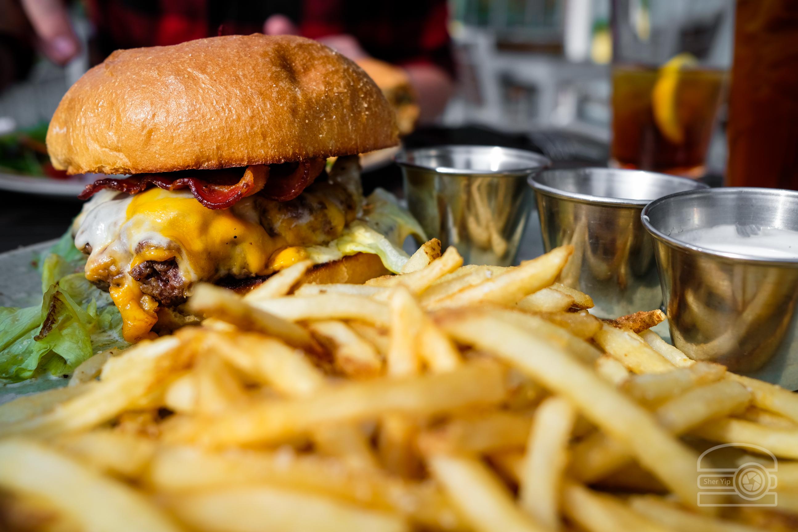 National Cheese Day! Burger w/ swiss, provolone, cheddar, seasoned lettuce, bacon and garlic