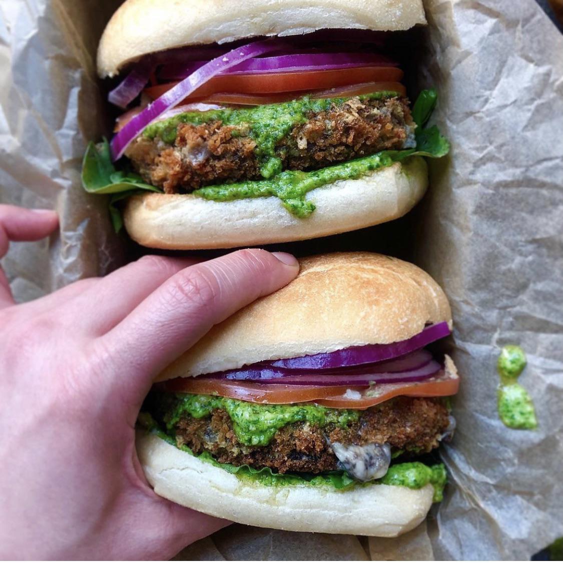 Cheesy Stuffed Mushroom Burgers with Pesto Mayo — a vegan twist on