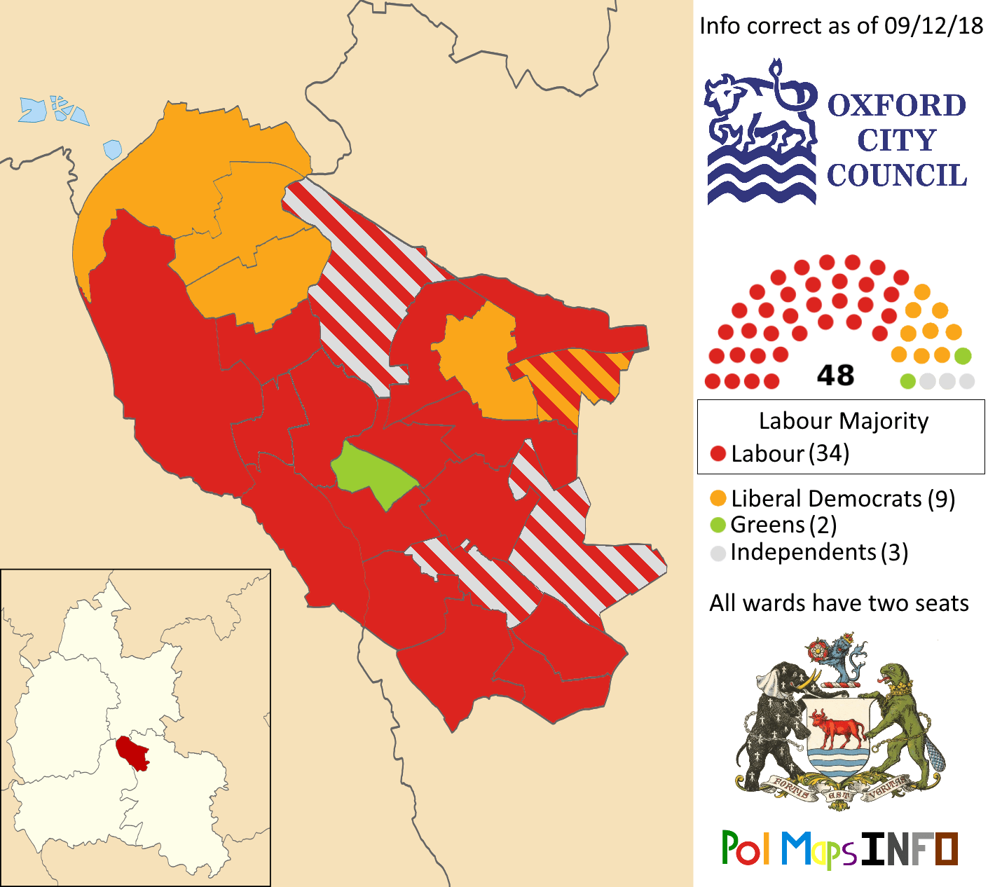 Oxford City Council, Oxfordshire, South East. 09/12/2018 r/PoliticalMaps