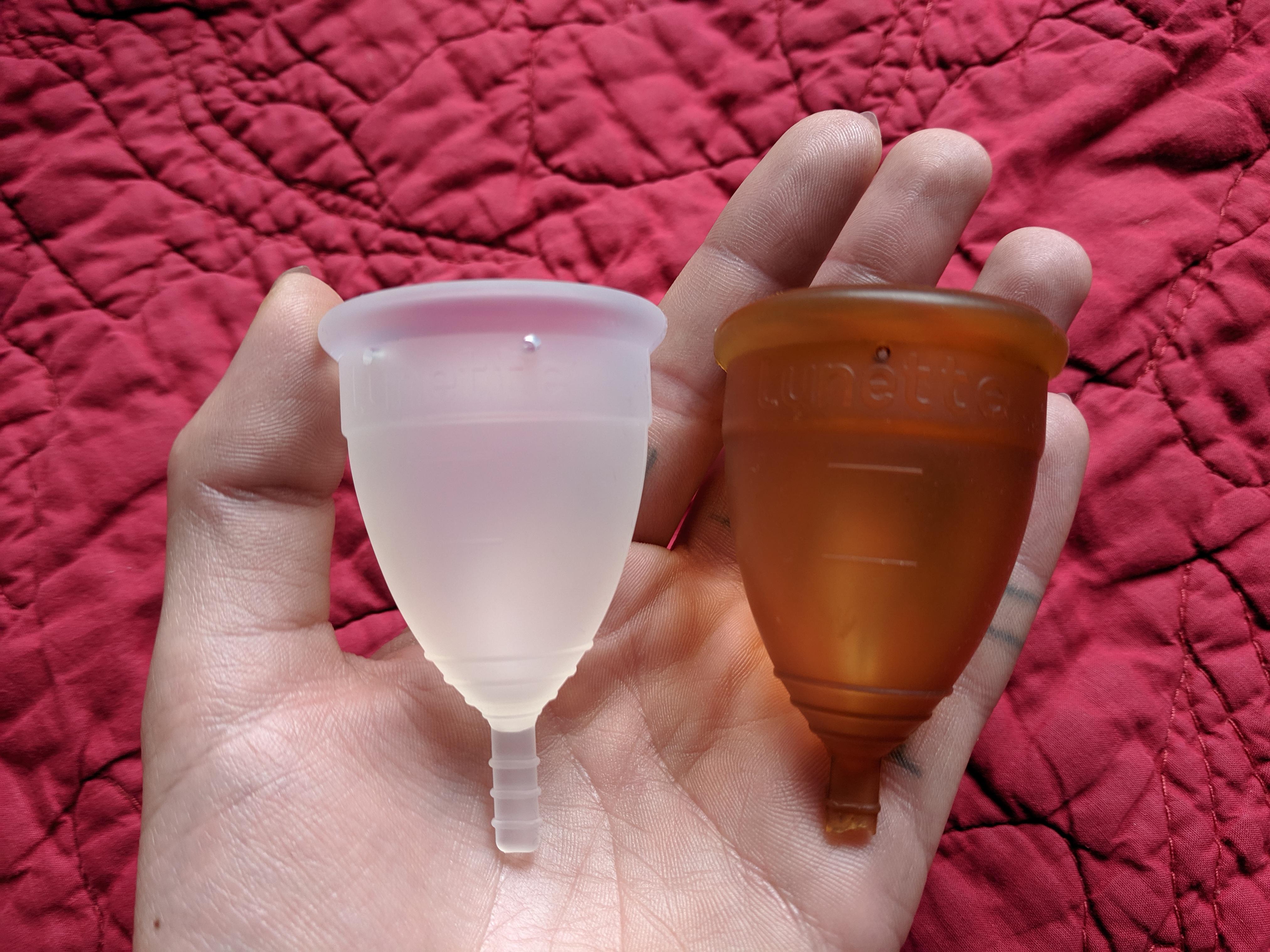 the same menstrual cup on the left unused/brand new, on the right