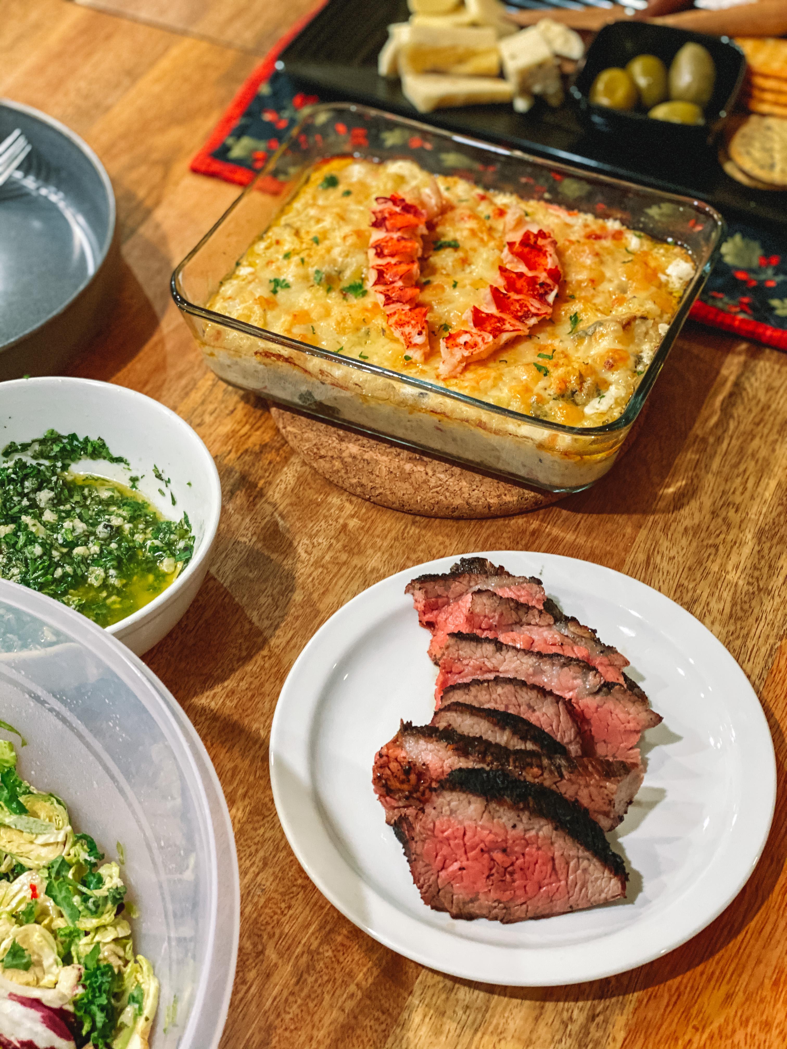 Sous Vide tri tip with chimichurri, lobster keto Mac n cheese, a cheese