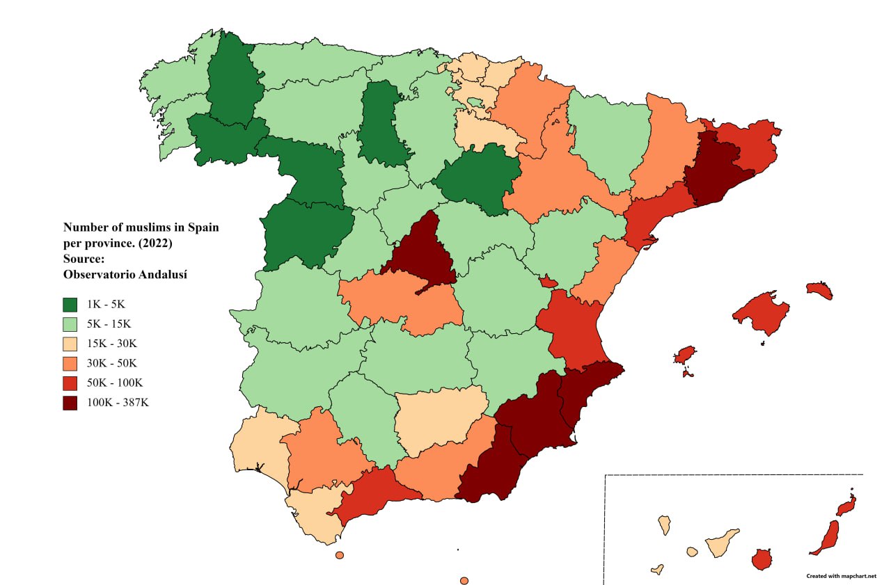 Number of muslims in Spain per province. (2022) r/MapPorn