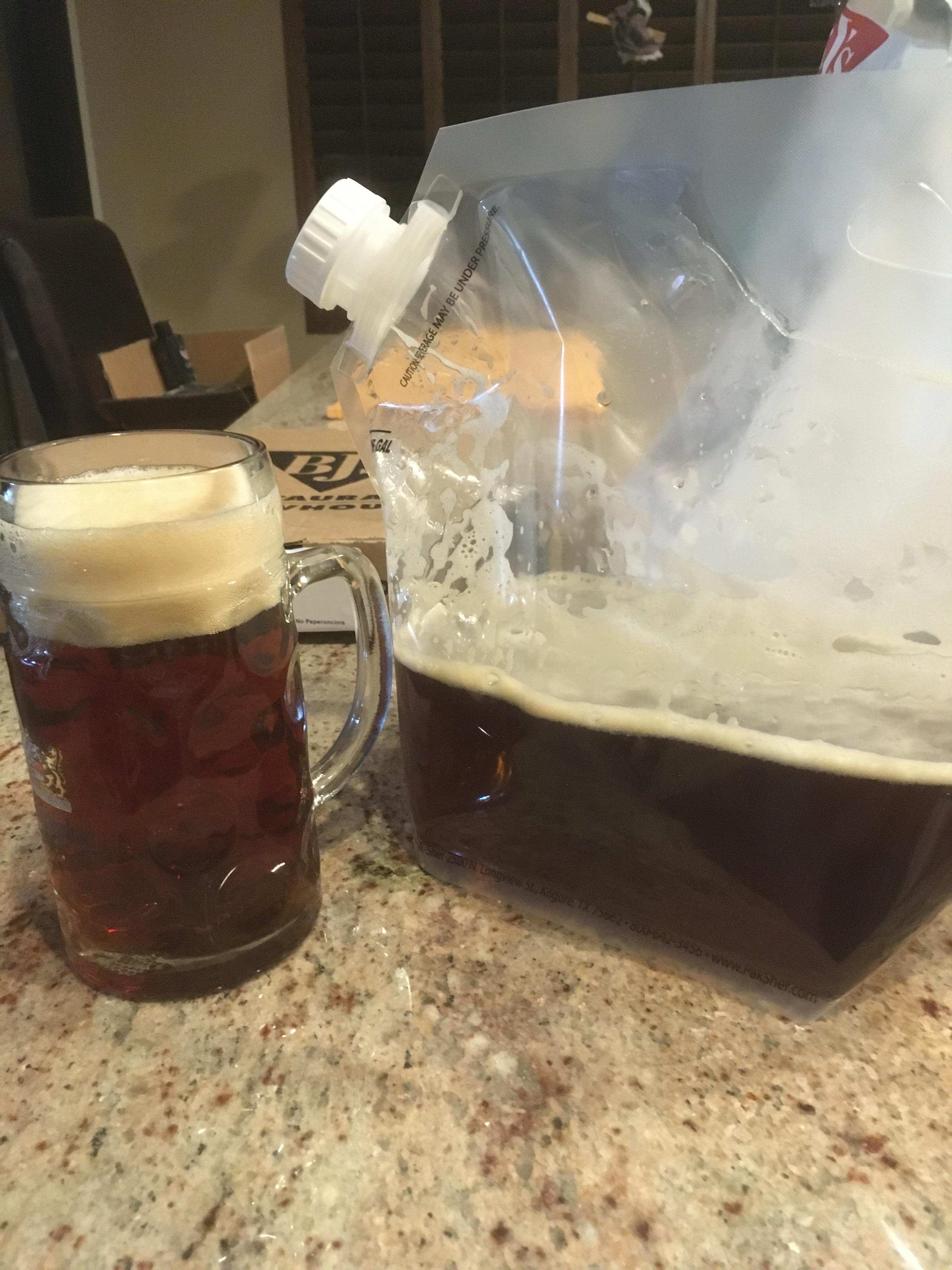 BJ’a Brewery take out “beer in a bag growler” on their A&M Honey Bock
