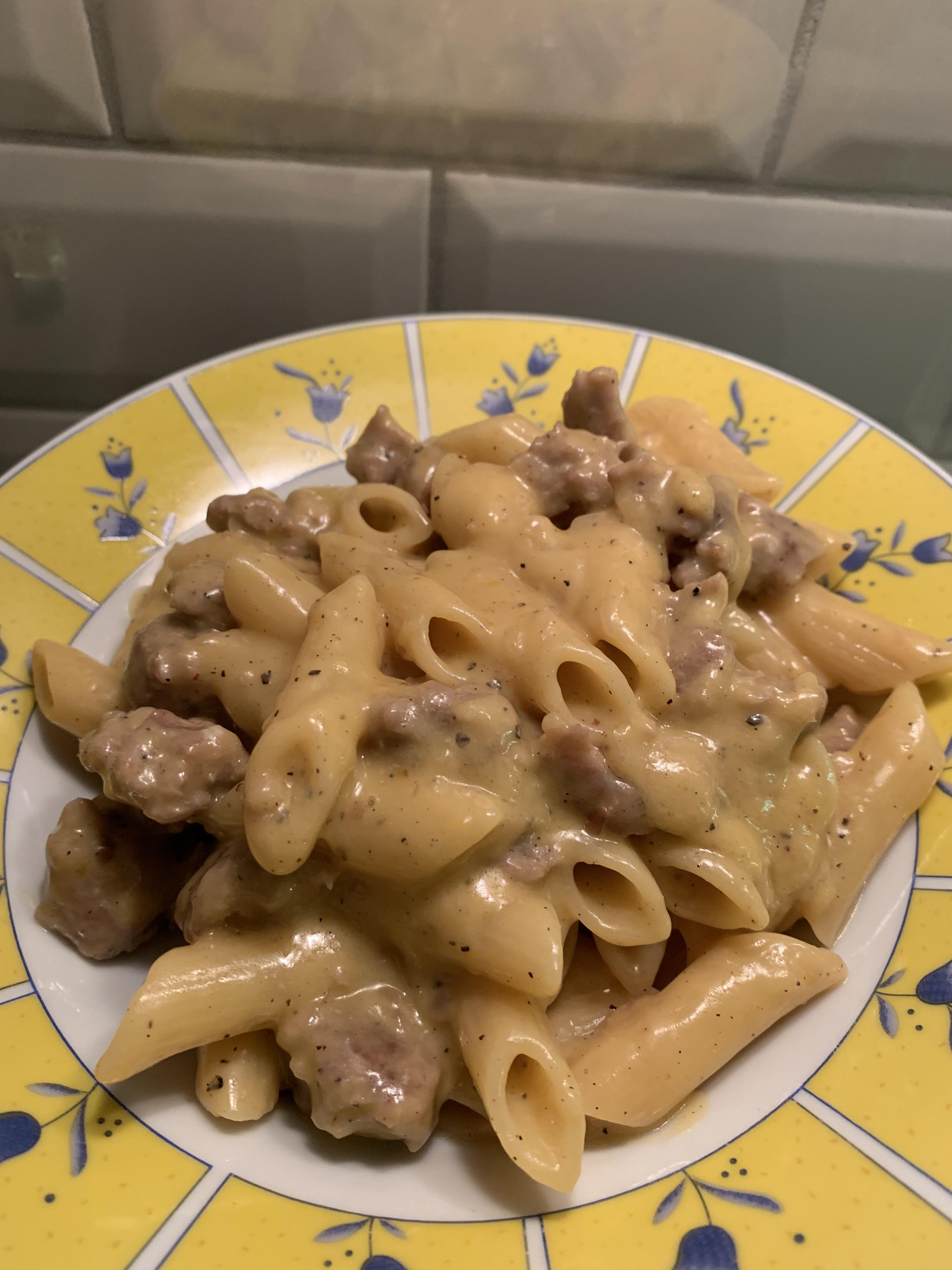 [Homemade] sausage “carbonara”. Just sausage, egg yolk, pecorino and