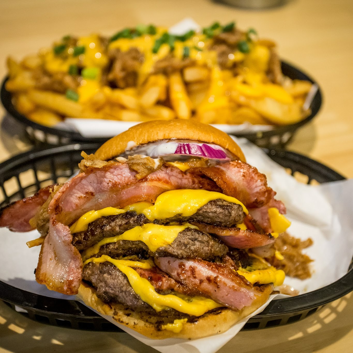 Triple Bacon Cheeseburger with Cheesy Pulled Pork Loaded Fries r/FoodPorn