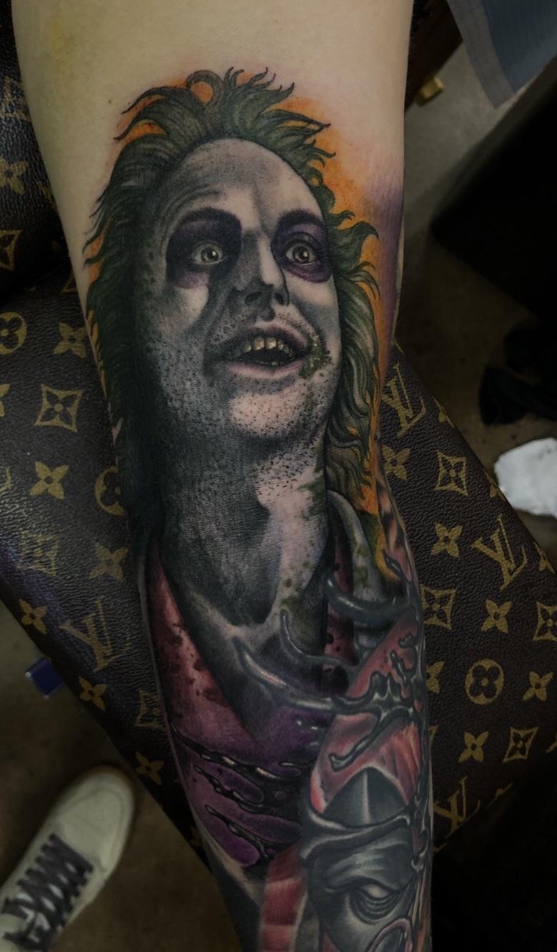Beetlejuice. Done by Dane Smith at Fountain Square Tattoo, in Fountain
