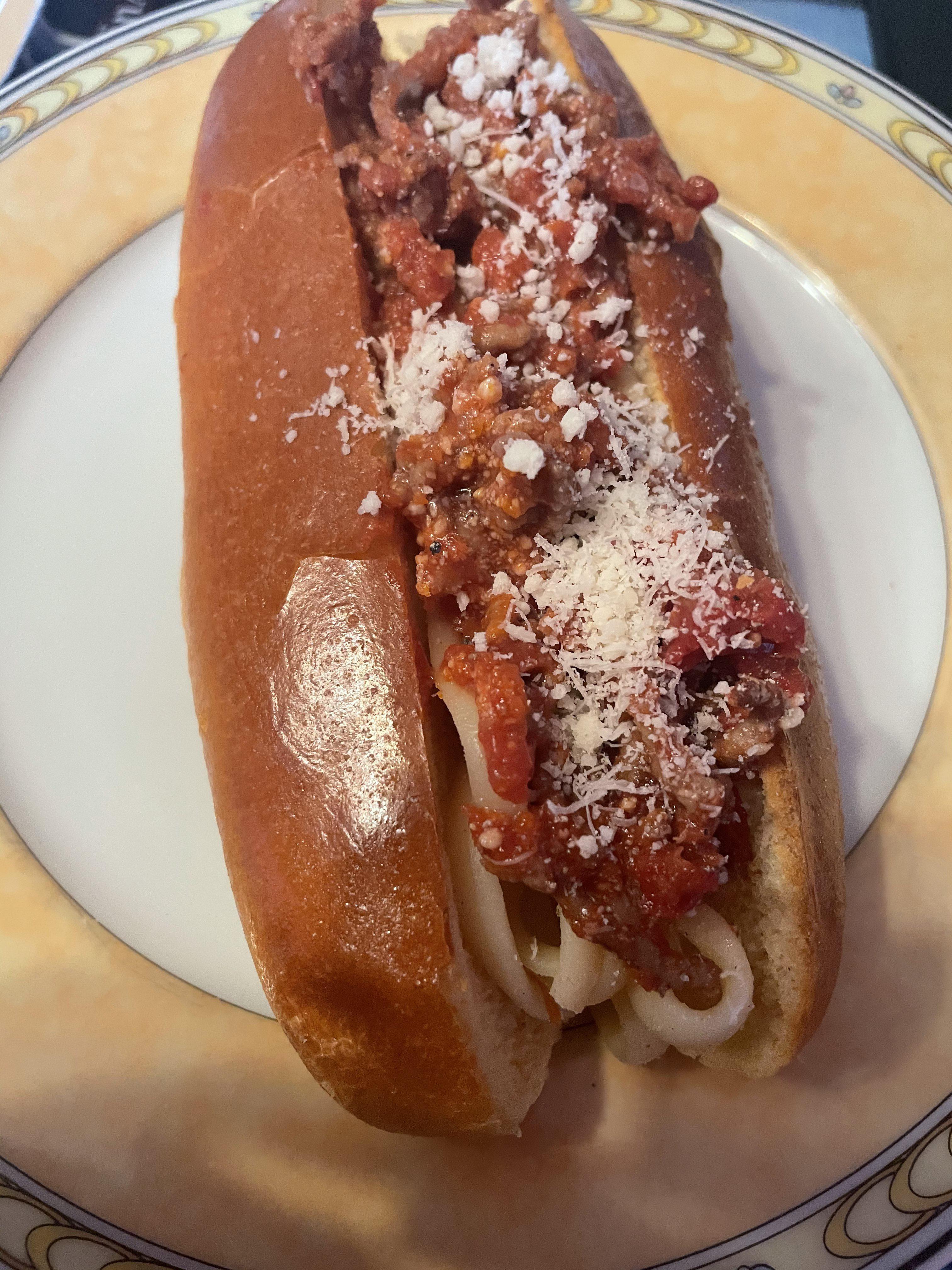 Todays breakfast is yesterdays Bolognese in a Hot Dog Bun shittyfoodporn