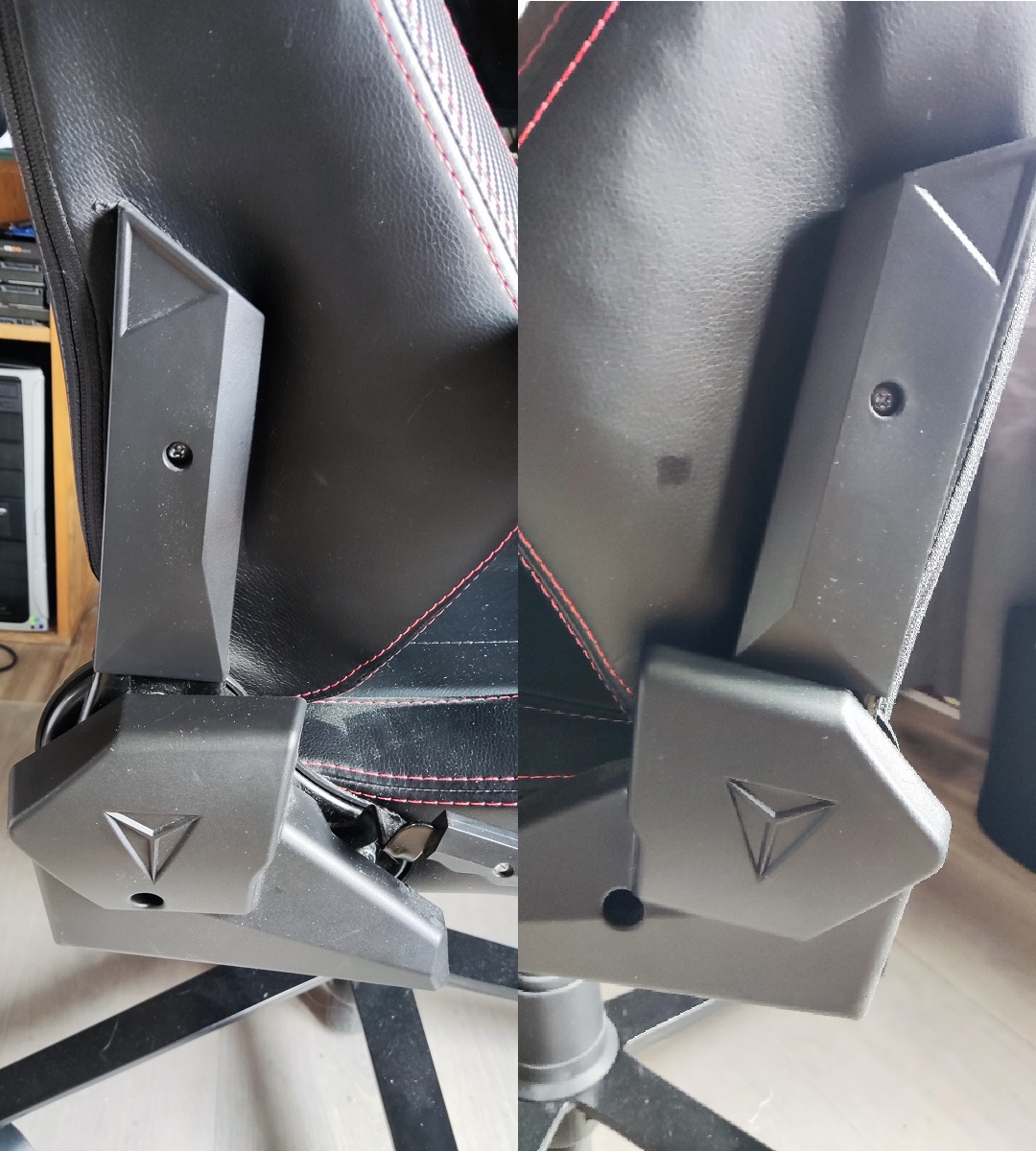 Back of chair is crooked, metal arms that hold it in place are not