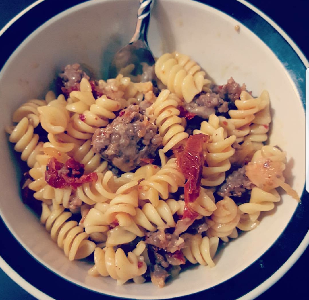 Rotini with Italian Sausage and sun dried tomatoes!! r/pasta