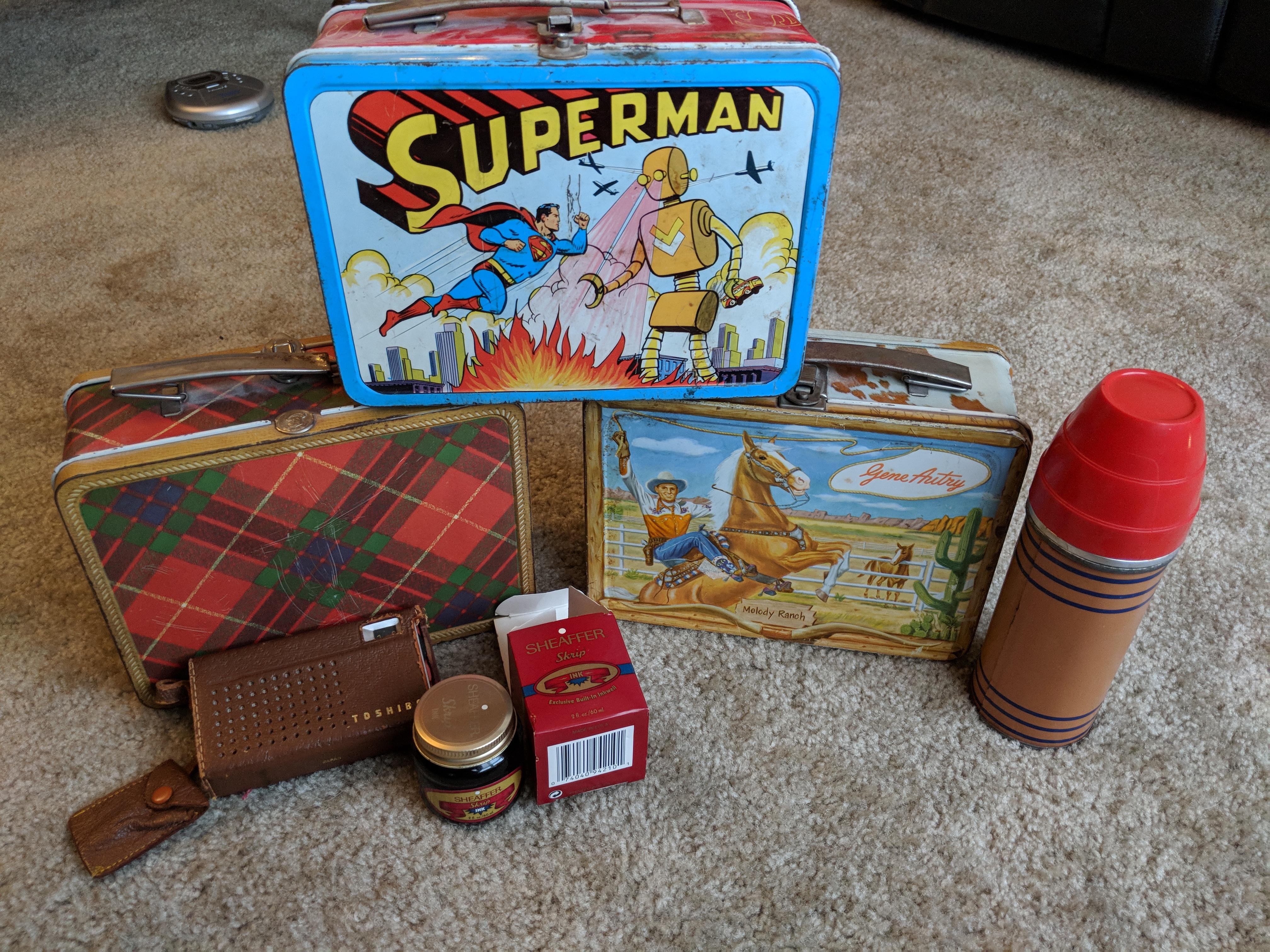 Worth anything? Lunch pails, transistor radio, ink r/Antiques