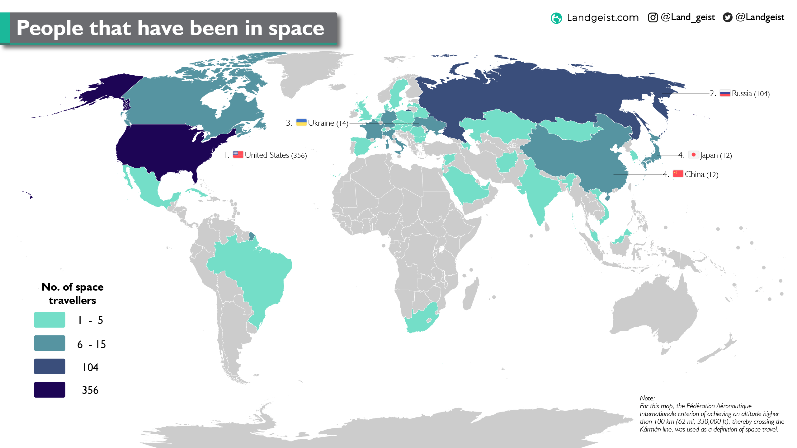 Number of people that have been to space per country. r/MapPorn