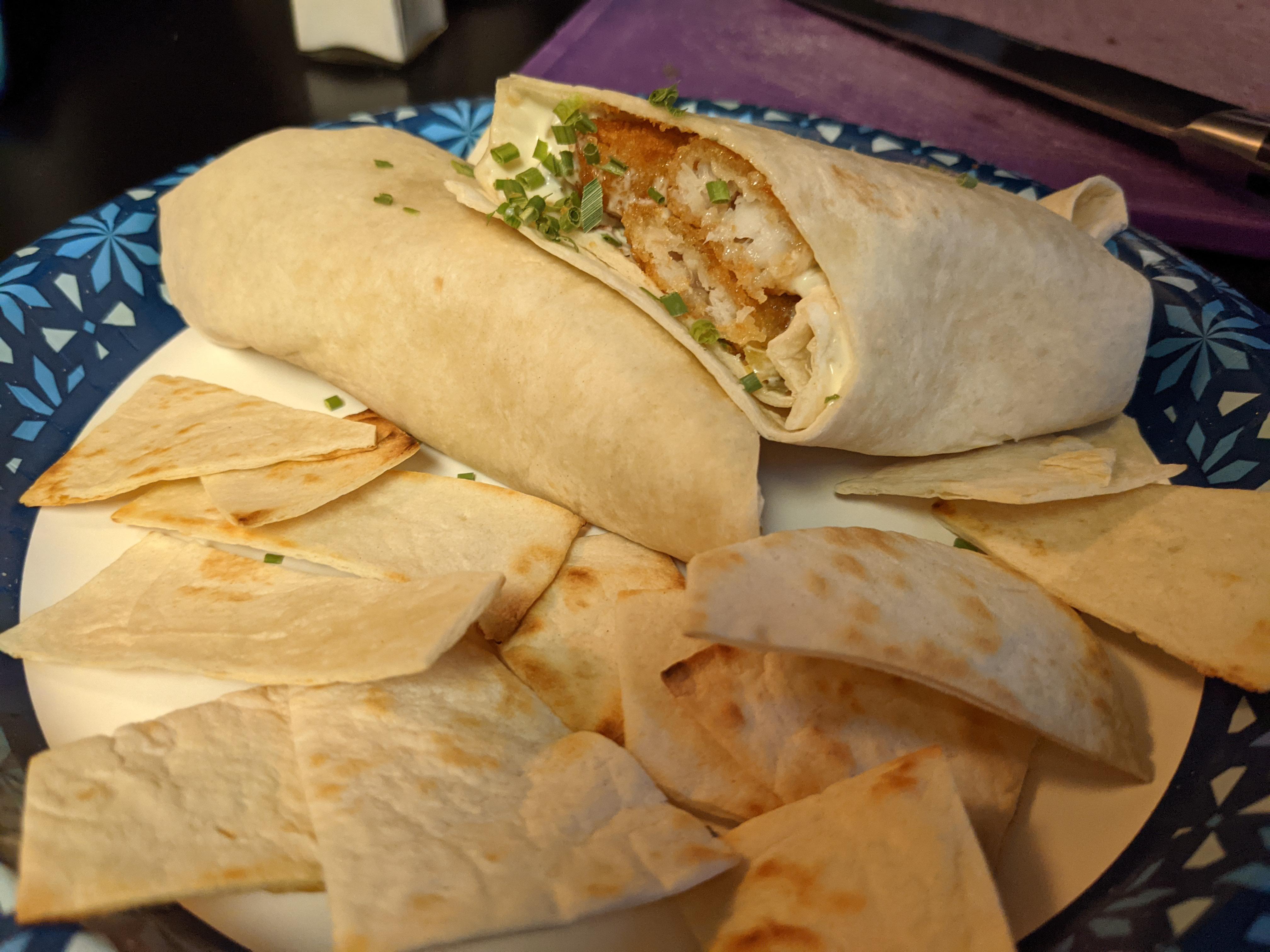 Fish stick burrito with scratch made tartar sauce and house made