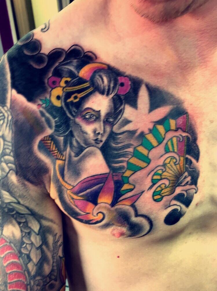 Geisha chest piece. Done by jinx cooper, image tattoo, Exeter, UK tattoos