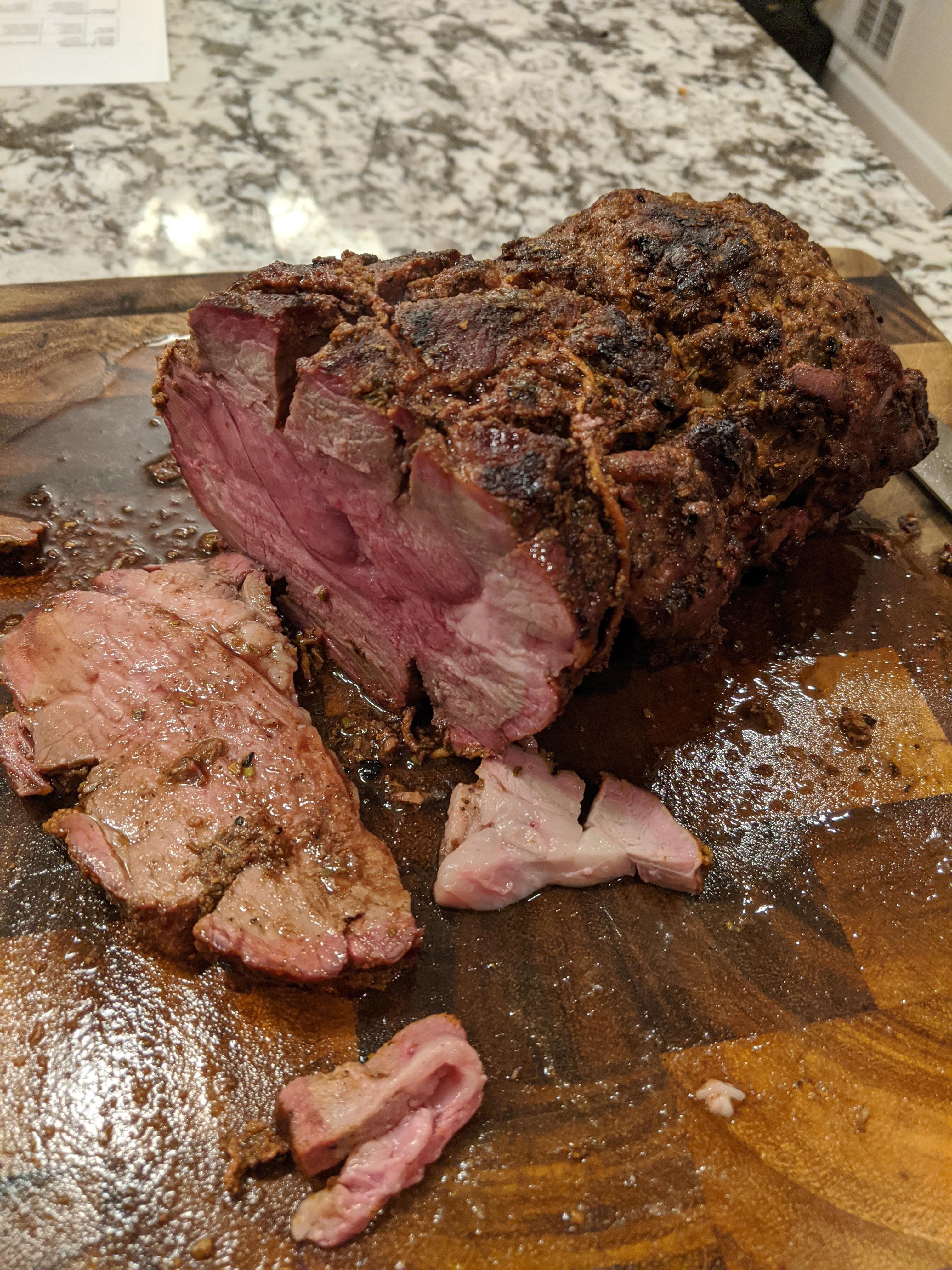 Boneless leg of lamb from Costco. Dry brined overnight, then rubbed