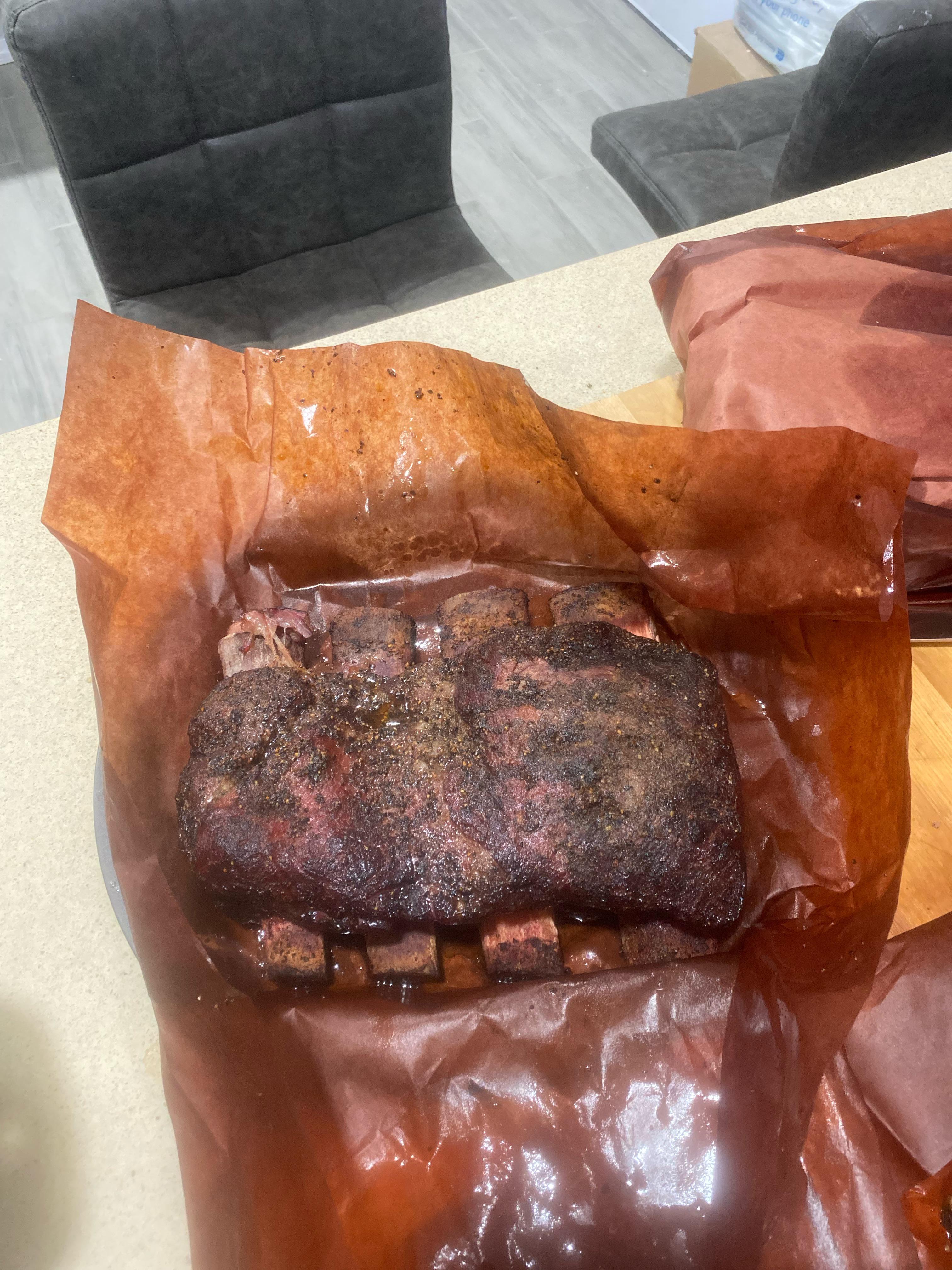 Souse beef Dino ribs. Cooked at 158 degrees for 16 hrs and smoked at