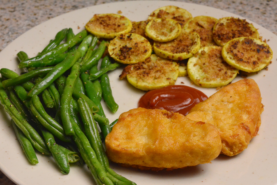 339 kcal, 24g protein squash, green beans, Gardein fishless fillets